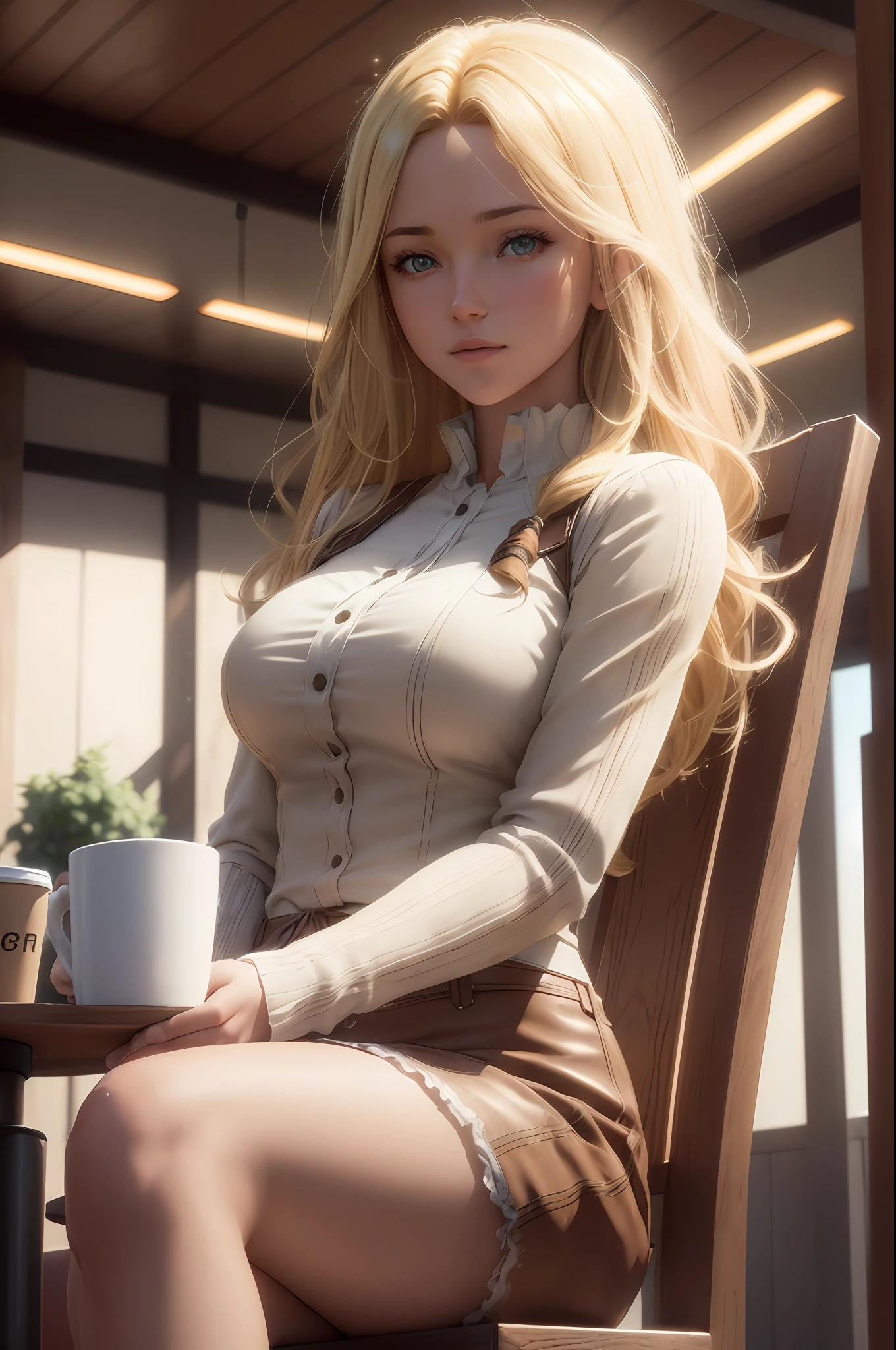 a girl sitting on a chair outside of a coffee shop, (large coffee shop:1.4), (wooden chairs:1.4), (table:1.4), drinking coffee, (coffee mug:1.4), Thick Body, (Long Blond Hair:1.4), Green Eyes, HDR (High Dynamic Range), Ray Tracing, NVIDIA RTX, Super-Resolution, Unreal 5, Subsurface Scattering, PBR Texturing, Post-Processing, Anisotropic Filtering, Depth-Of-Field ,Maximum Clarity And Sharpness, Multi-Layered Textures, Albedo And Specular Maps, Surface Shading, Accurate Simulation Of Light-Material Interaction, Octane Render, Two-Tone Lighting, Low ISO, White Balance, Rule Of Thirds, Wide Aperture, 8K RAW, Efficient Sub-Pixel, Sub-Pixel Convolution, (Luminescent Particles:1.4), {{Masterpiece, Best Quality, Extremely Detailed CG, Unity 8k Wallpaper, 3D, Cinematic Lighting, Lens Flare}}, perfect fingers, perfect clothes,1 tea,two legs,