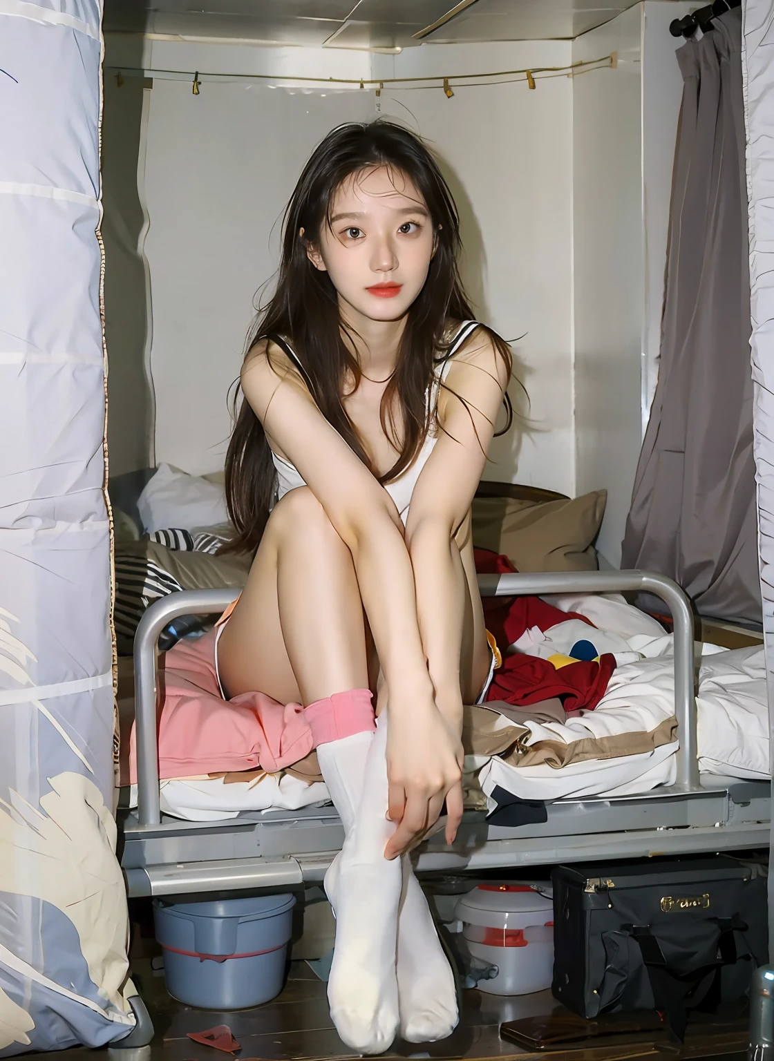 white short socks,without wearing shoes,best qualtiy,tmasterpiece,超高分辨率,(realisticlying:1.4),s girl,Juvenile, looking at viewert