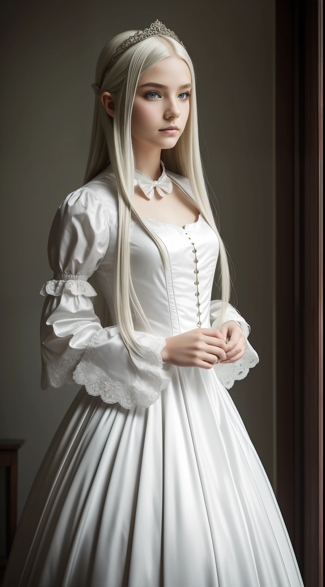 (intricate detailes),1girl in, 17 age, perfect anatomia,perfectly proportions,Mystical Beautiful Girl,face perfect, make - up:1.5, Bright on the face, length hair,Platinum Blonde Hair、Straight hair,steampunc,White Princess Dresses,slender,um Home Detetive, conceptual art, 真实感, godrays, Cinematographic lighting, multi view, canon, High Details, hiquality, 16K resolution,Full body portrait,full body Esbian、