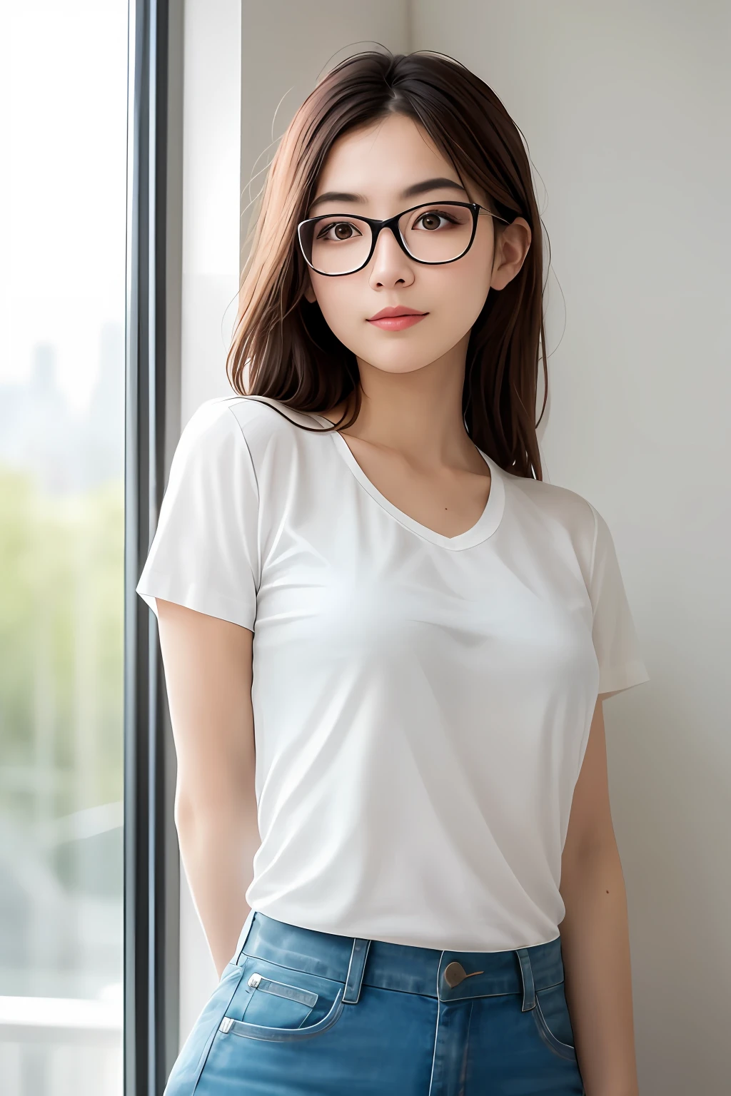 dress,(realisticlying:1.4),(Ultra photo realsisim:1.4),(realisticlying:1.3),(Smoother lighting:1.05),(Increase movie lighting quality:0.9),32K,1girl,20yo girl,realistic illumination,The light from the back window is backlighted,light in face,Ray traching,(Brighten light:1.2),(enchanced quality:1.4),(Best quality real textured skin:1.4),finely quality eyes,Fine face,Fine eye quality,(delight,Be red in the face),(Tiredness, sleepiness, contentment),closeup of face,tee shirt,(Increased Body Line Mood:1.1),(Increases skin texture beauty:1.1),wears glasses