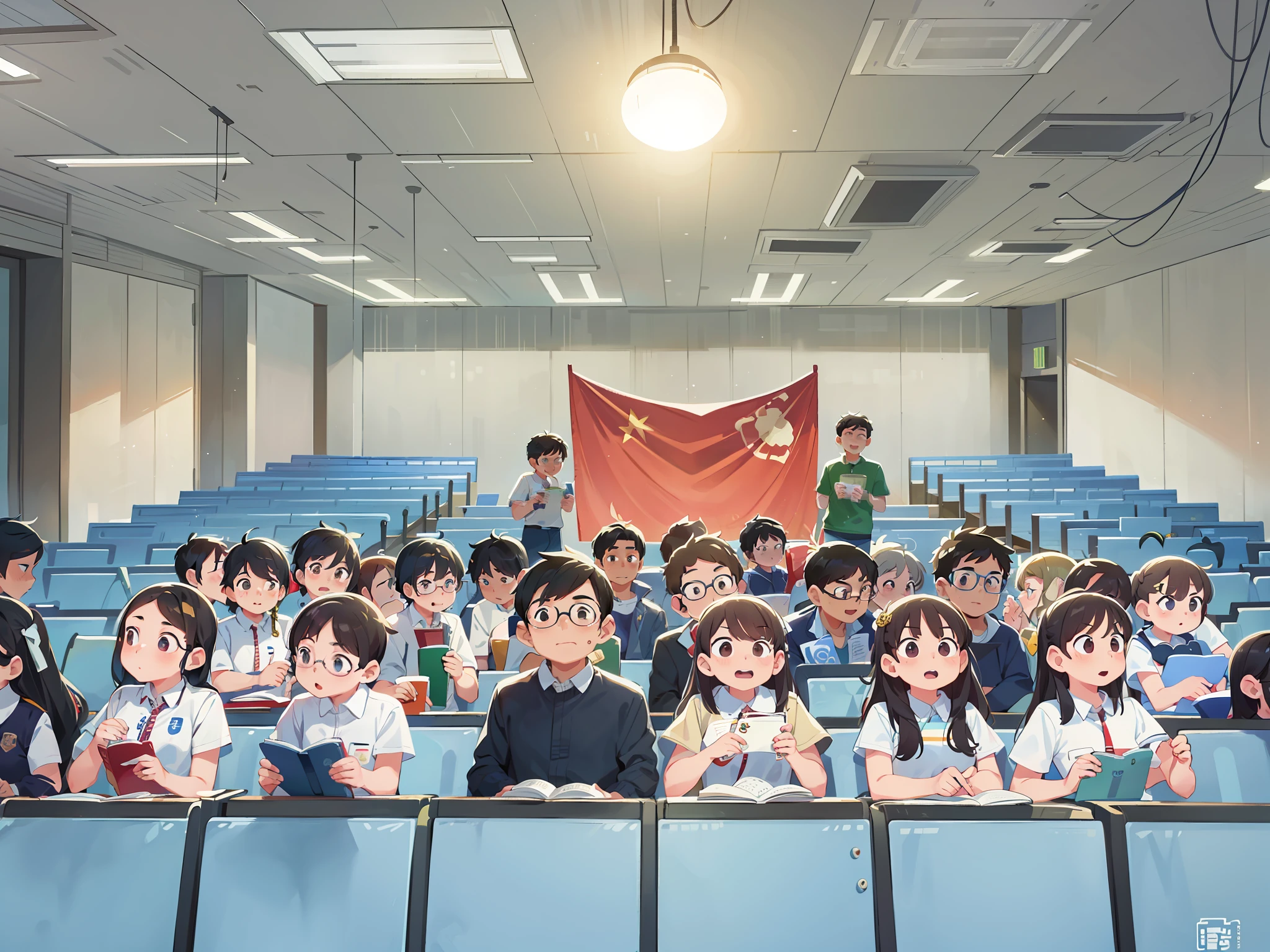 There were a lot of people sitting in the lecture hall with flags, Group photo, audience in the background, The atmosphere is cheerful, Student, author：Liao Zhichun, shining and happy atmosphere, from china, in group photograph, Inspired by Zou Yigui, zeng fanzh, inspired by Zhang Zongcang, standing in class