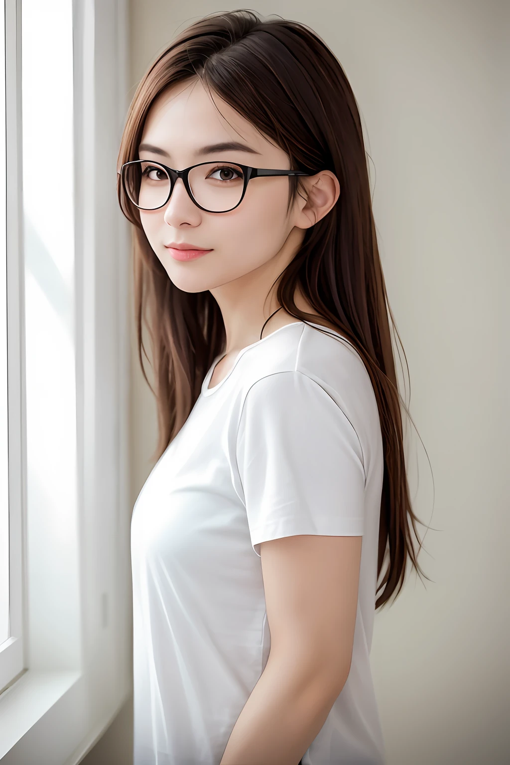 dress，（realisticlying：1.4），（Ultra photo realsisim：1.4），（realisticlying：1.3），（Smoother lighting：1.05），（Increase movie lighting quality：0.9），32K，1girl，20yo girl，realistic illumination，The light from the back window is backlighted，light in face，Ray traching，（Brighten light：1.2），（enchanced quality：1.4），（Best quality real textured skin：1.4），finely quality eyes，Fine face，Fine eye quality，（delight，Be red in the face），（Tiredness, sleepiness, contentment），closeup of face，tee shirt，（Increased Body Line Mood：1.1），（Increases skin texture beauty：1.1），wears glasses