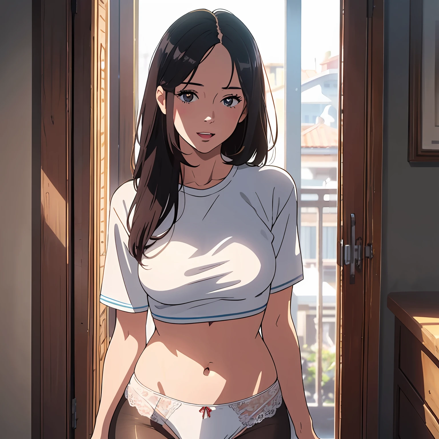 Masterpiece, Top Quality, Beautiful Woman, Innocent, Very Delicate and Beautiful, Ultra High Definition, (Photorealistic: 1.4), Golden Hour Lighting, (Upper Body), (Platinum Shorthair: 0.8), (Puffy Eyes), Look at the viewer, Facing Front, Laughing, JK Uniform, Miniskirt, White Panties, Shirt Lift Long Black Hair, Korean, Erotic, Inviting gaze, clothes are peeling off, bras are visible, underwear is visible, double eyelids, 8 heads, beautiful legs, black pantyhose, white T-back, standing figure