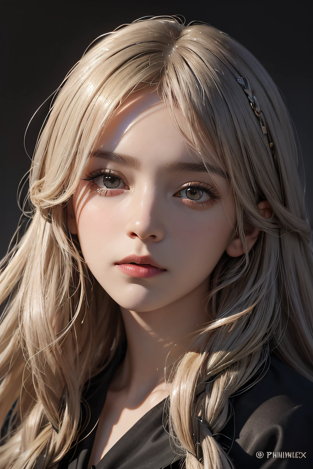 A close up of a woman with long blonde hair and a black shirt - SeaArt AI