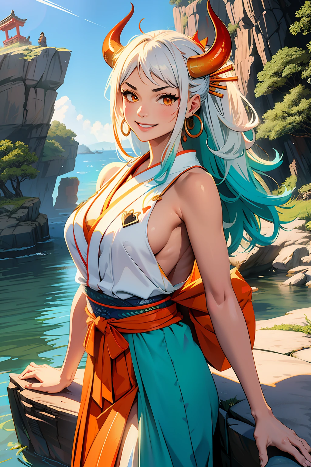 masterpiece, ((ultra detailed background, delicate pattern, intricate detail)), (highly detailed, fine details), best quality,beautiful lighting, (((, slim girl, very slim girl))), (cowboy shot), YamatoV2, long hair, 1girl, horns, white hair, solo, oni, red horns, curled horns, hair ornament, (multicolored horns), jewelry, earrings, japanese clothes, kimono, hair stick, sleeveless, shoulders, aqua hair, sidelocks, hoop earrings, hakama, smile, wide smile, ((orange eyes)), complex detailed background, outside, nature environment, rocks, sunny, blue sky, sky,