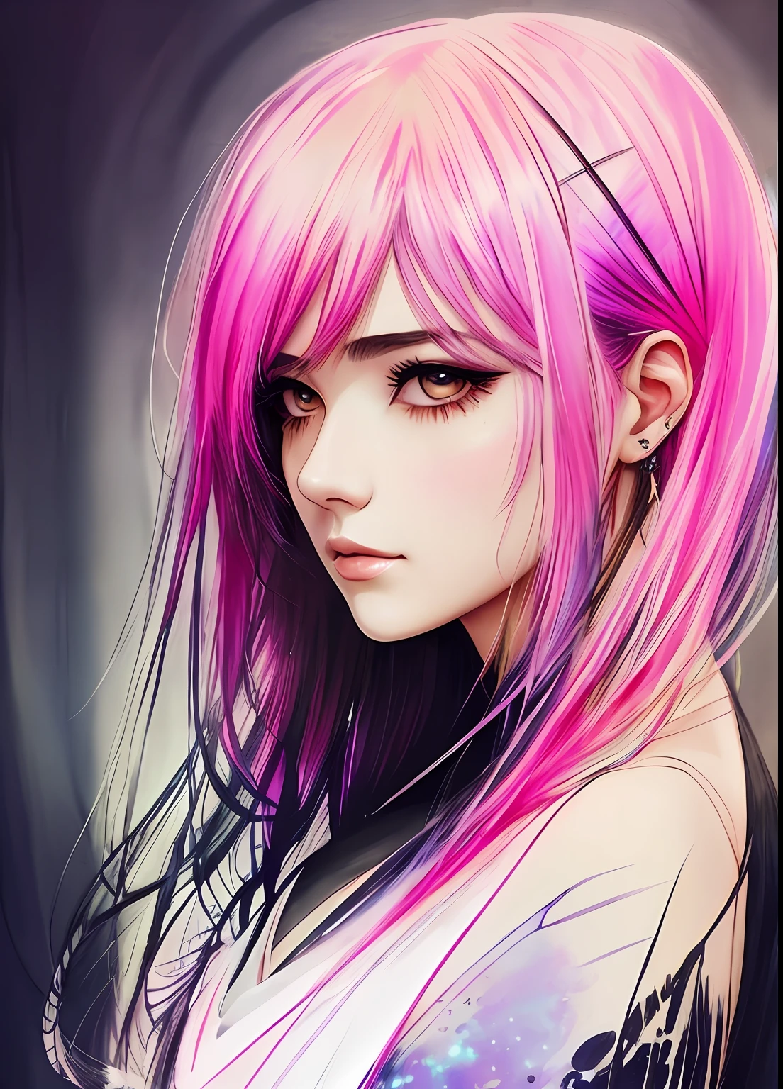 a woman of agnes cecile、Bright design、PastelColors、Ink dripping、autumn lights  、Bangs、quill、Beautuful Women、Eyebrows are visible、Beautuful Women、Beautie、long lashes、fine portrayal、Precise depiction。Line drawing。A Japanese Lady。Short black hair。The tattoo。piercings。bangle。Fluorescent pink hair stopper