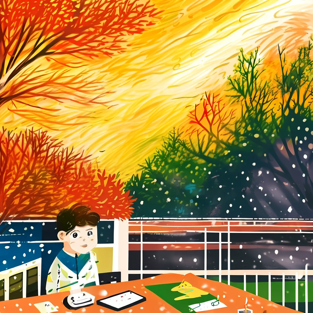 colorful,  illustration,2d illustration, abstract,3 boy working in office, tree,desk,computer,clear backgroud