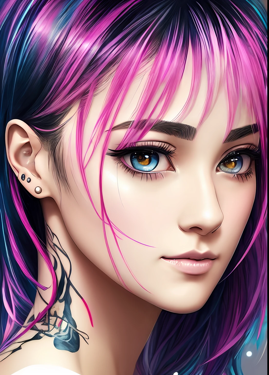 a woman of agnes cecile、Bright design、PastelColors、Ink dripping、autumn lights 、Bangs、quill、Beautuful Women、Eyebrows are visible、Beautuful Women、Beautie、long lashes、fine portrayal、Precise depiction。Line drawing。A Japanese Lady。Short black hair。The tattoo。piercings。bangle。Fluorescent pink hair stopper