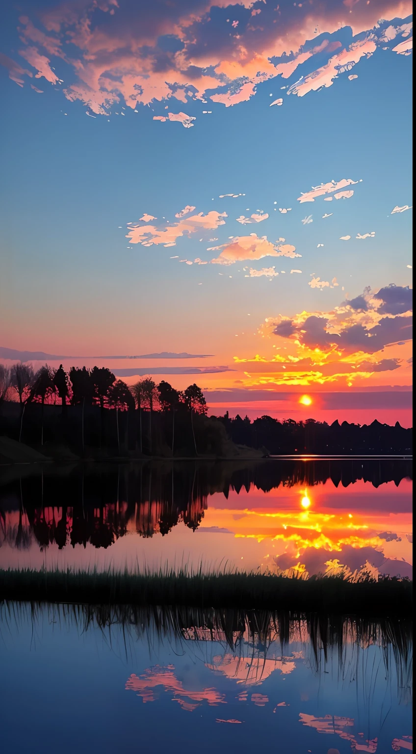 Lakes and trees々Beautiful sunset with background、Colorful sky、surreal colors、colorful sunset、Colorful sky、Amazing reflections of the sky、Stunning skies、Dreamy Atmosphere 8k、Colorful clouds、Colors reflecting off the lake、Surreal sky、Red and blue reflections、Fire reflection、Beautiful sky、beautiful and spectacular dusk、Beautiful Dreamy Landscape、There is a wonderful sky Images that look like real photos