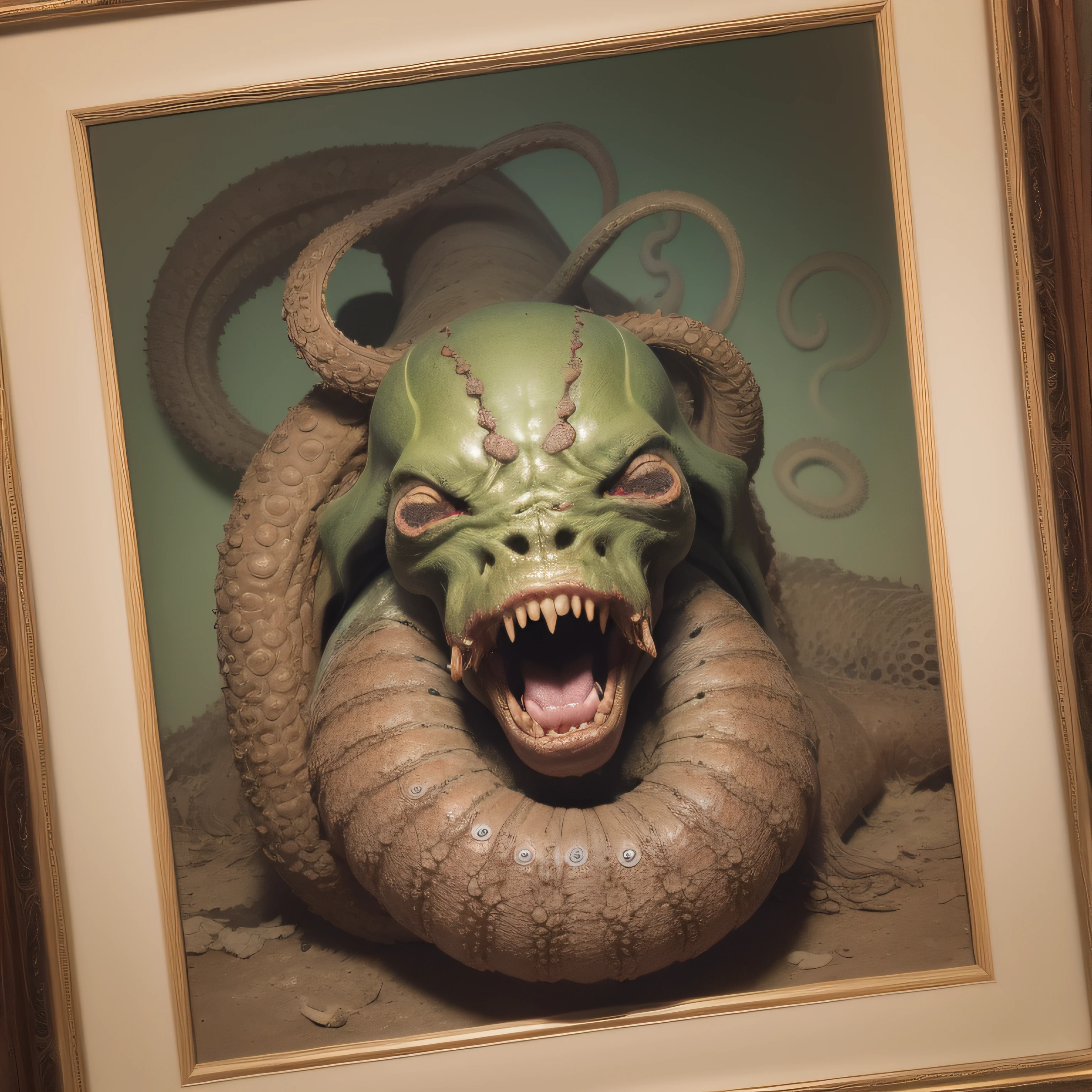 (extremadamente detallado, obra maestra, La mejor calidad), Estilo oscuro, intense illumination, rostro con arrugas, lengua larga, tentacle, deforme, monstruoso, un anciano con Colmillos finos, amenazante. Rococo composition. Luz de caravaggio