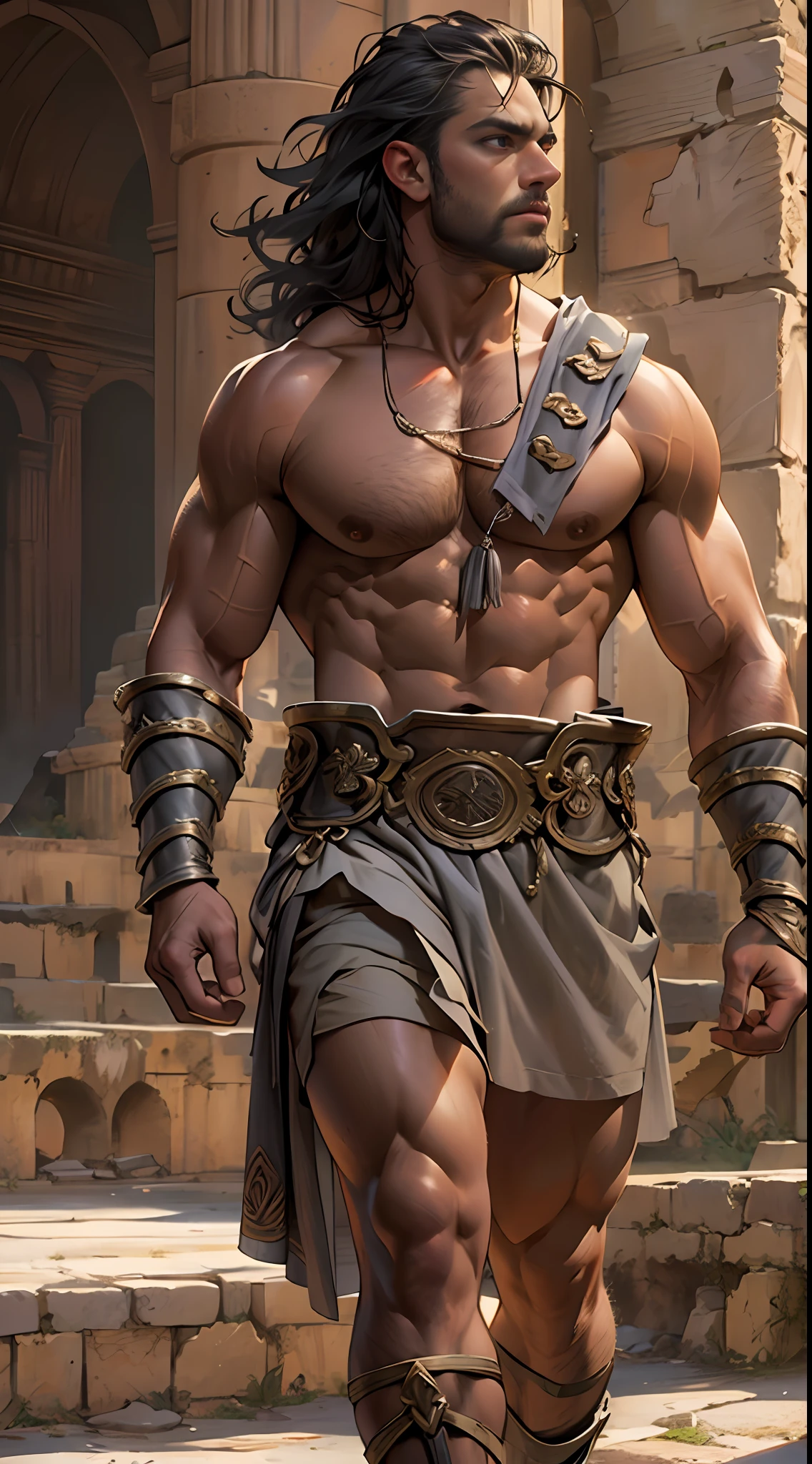 Herculean gladiator, bare chest, lower body revealed from thighs to feet, long curls cascading, meticulous muscle definition, photorealistic portrayal, 4K quality. Background: Colosseum in ancient Rome,32k uhd, best quality, masterpiece, super detail, high details