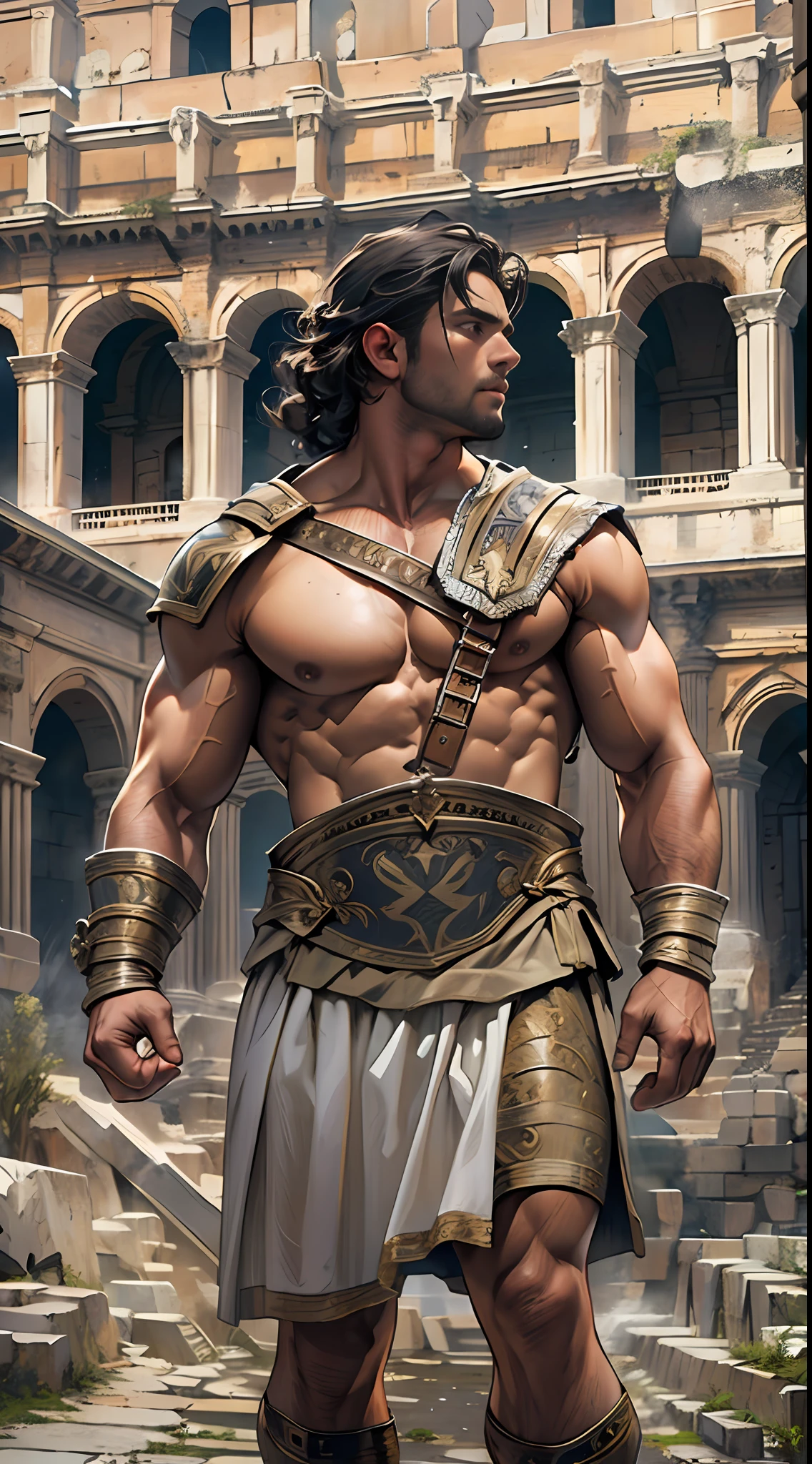 Herculean gladiator, bare chest, lower body revealed from thighs to feet, long curls cascading, meticulous muscle definition, photorealistic portrayal, 4K quality. Background: Colosseum in ancient Rome,32k uhd, best quality, masterpiece, super detail, high details