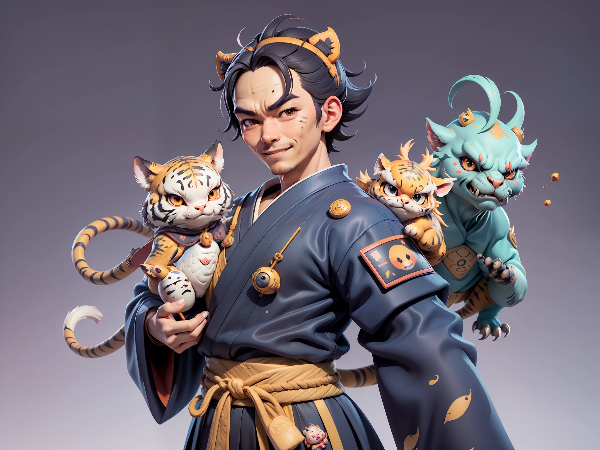 (Daisaku),(Need),(Super meticulous),(full bodyesbian:1.2),Japanese ukiyo-e girl,japanese geisha,Beautiful,Oriental dragon,one tiger,Aeolian Thor,Raised sexy,爆乳,Oriental face,TV Anchor,Bust portrait illustration,Alone,In black suit,a blue tie,The face is slightly chubby,The face was clean,without a beard,Black super short hair,Black eyes,Smile confidently,3C computer sub-products,iPad, iphone,Digital painting,3D character design by Mark Clairen and Pixar and Hayao Miyazaki and Akira Toriyama,The illustration is a high-definition illustration in 4K resolution,With very detailed facial features and cartoon-style visuals。