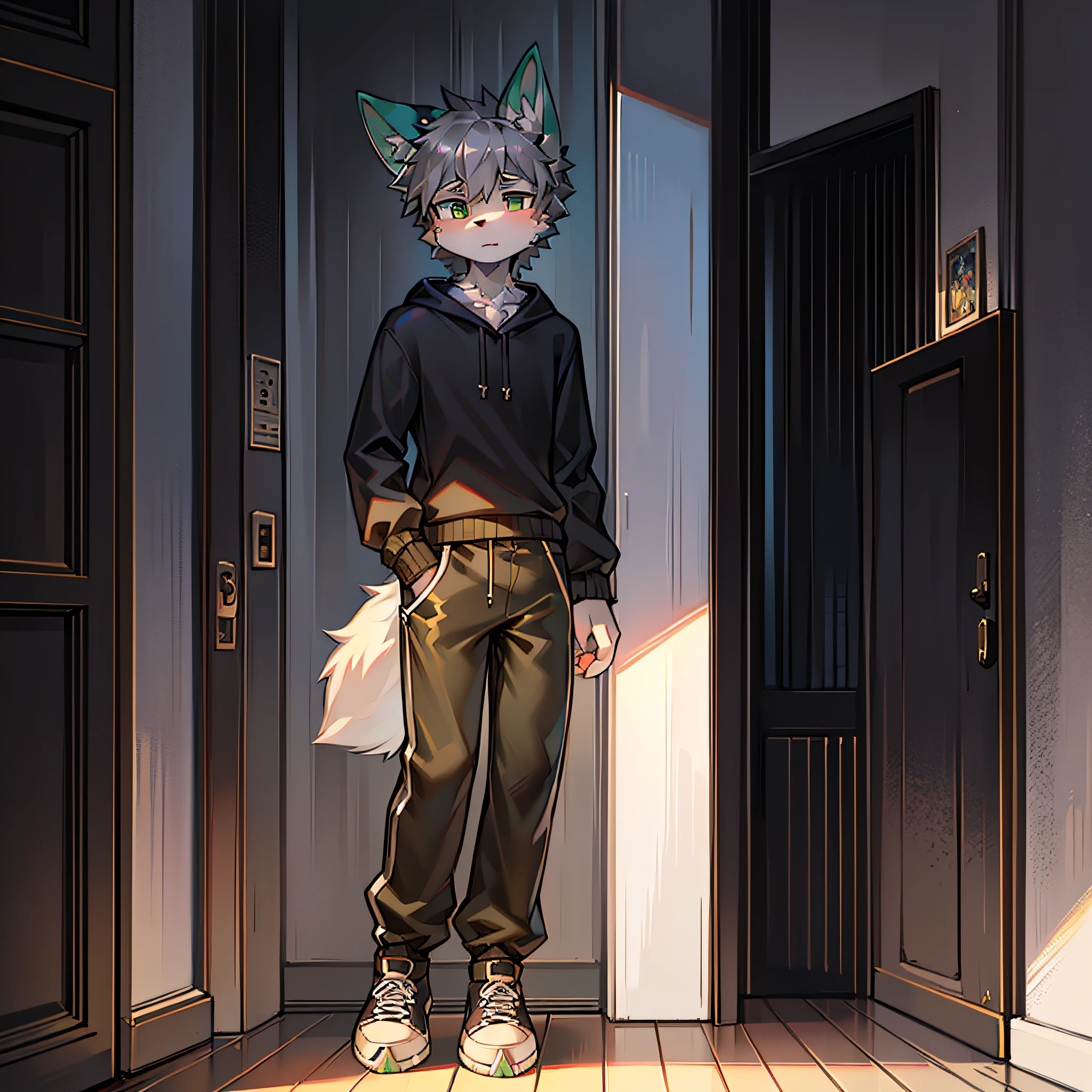 coyote_Boy,Detailed_Fluffy_fur,,uploads_On_e621,,Furry_Male,short_Grey_Hair,Masterpiece,Best quality,Solo,1,Grey_coyote,Green_Ear_Top,Black sweatshirt,black long pants,athletic sneakers,standing on your feet,Super cute face ,Empty square