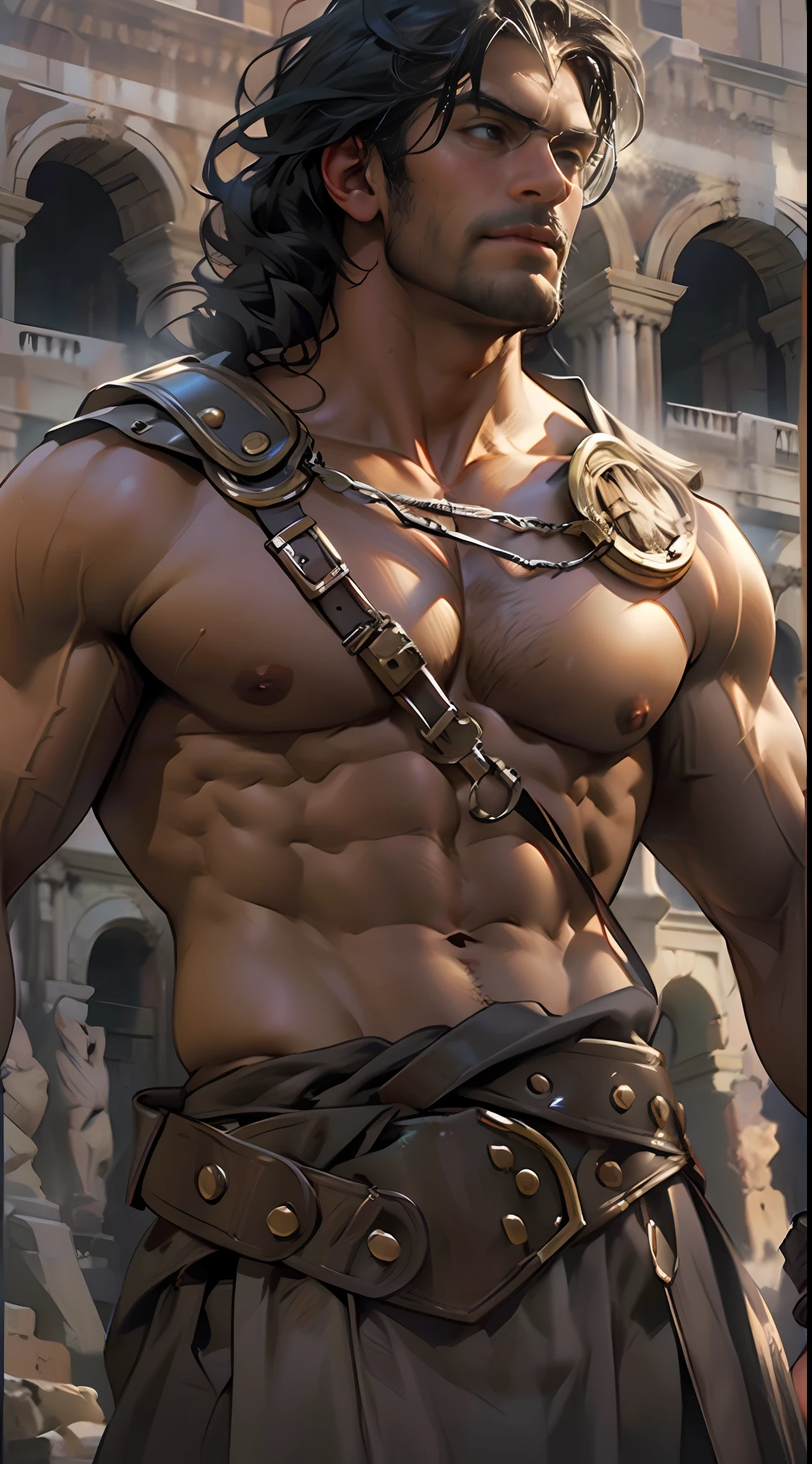 Herculean gladiator, bare chest, lower body revealed from thighs to feet, long curls cascading, meticulous muscle definition, photorealistic portrayal, 4K quality. Background: Colosseum in ancient Rome,32k uhd, best quality, masterpiece, super detail, high details
