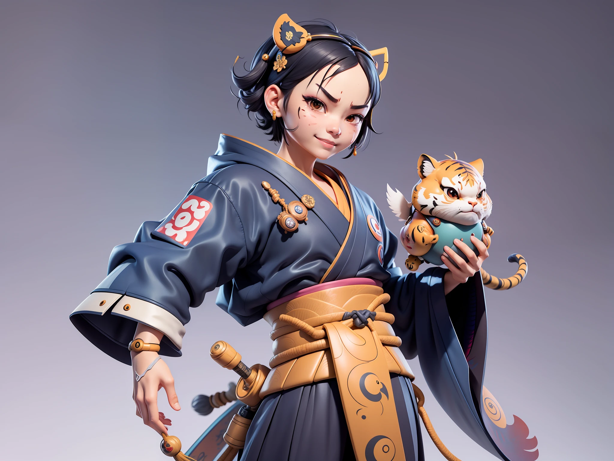 (Daisaku),(Need),(Super meticulous),(full bodyesbian:1.2),Japanese ukiyo-e girl，japanese geisha，Beautiful，Oriental dragon，one tiger，Aeolian Thor，Raised sexy，爆乳，Oriental face，TV Anchor，Bust portrait illustration，Alone，In black suit，a blue tie，The face is slightly chubby，The face was clean，without a beard，Black super short hair，Black eyes，Smile confidently，3C computer sub-products，iPad， iphone，Digital painting，3D character design by Mark Clairen and Pixar and Hayao Miyazaki and Akira Toriyama，The illustration is a high-definition illustration in 4K resolution，With very detailed facial features and cartoon-style visuals。