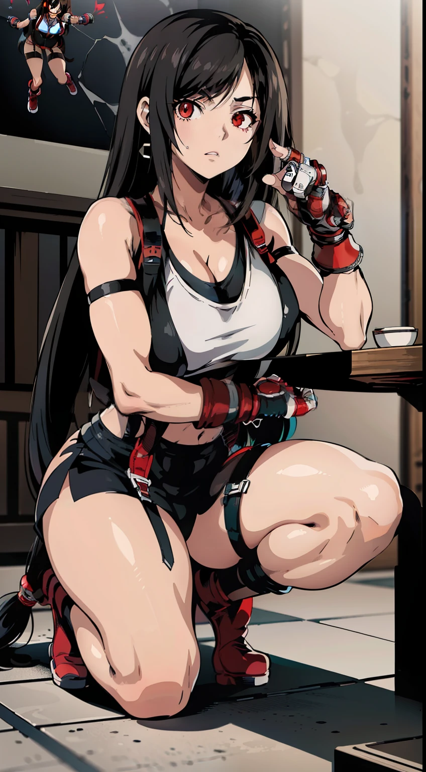 (Anime) . ((((Tifa Lockhart)))), red eyes, full body, indoors . (Masterpiece: 1.8), 64k quality, final fantasy artwork concept, detailed manga eyes, detailed hair, detailed clothes, detailed body, sharper drawings, pronounced detailed face, shiny objects like jewelry, see the creases on the clothes, more consistent clothes, more rounded eyes, globular transparent liquid eyes, more colors, more consistent clothes , correct clothing features, better eye line, better shoulders, really colorful, coarser line, black line, finishing. (drowing (anime (manga (comics)))) (coarser stroke: 1.8) (black stroke: 1.8) (color: 1.8) (clean: 1.8) (color contrast: 1.8) (black outline: 1.8) (adjusted color contrast: 1.8) (shadow play: 1.8) (manga eyes: 1.8) (muscle: 1.5 ) (rendering homogeneous: 1. 3)