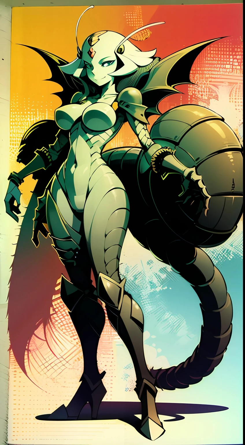 Female with red and green hot insect shell、Guyver Style、evil smile、(masterpiece, :1.3),(top-quality:1.4)、tail、Cel Shade Adult Animation、Alien Queen、Full Body Art