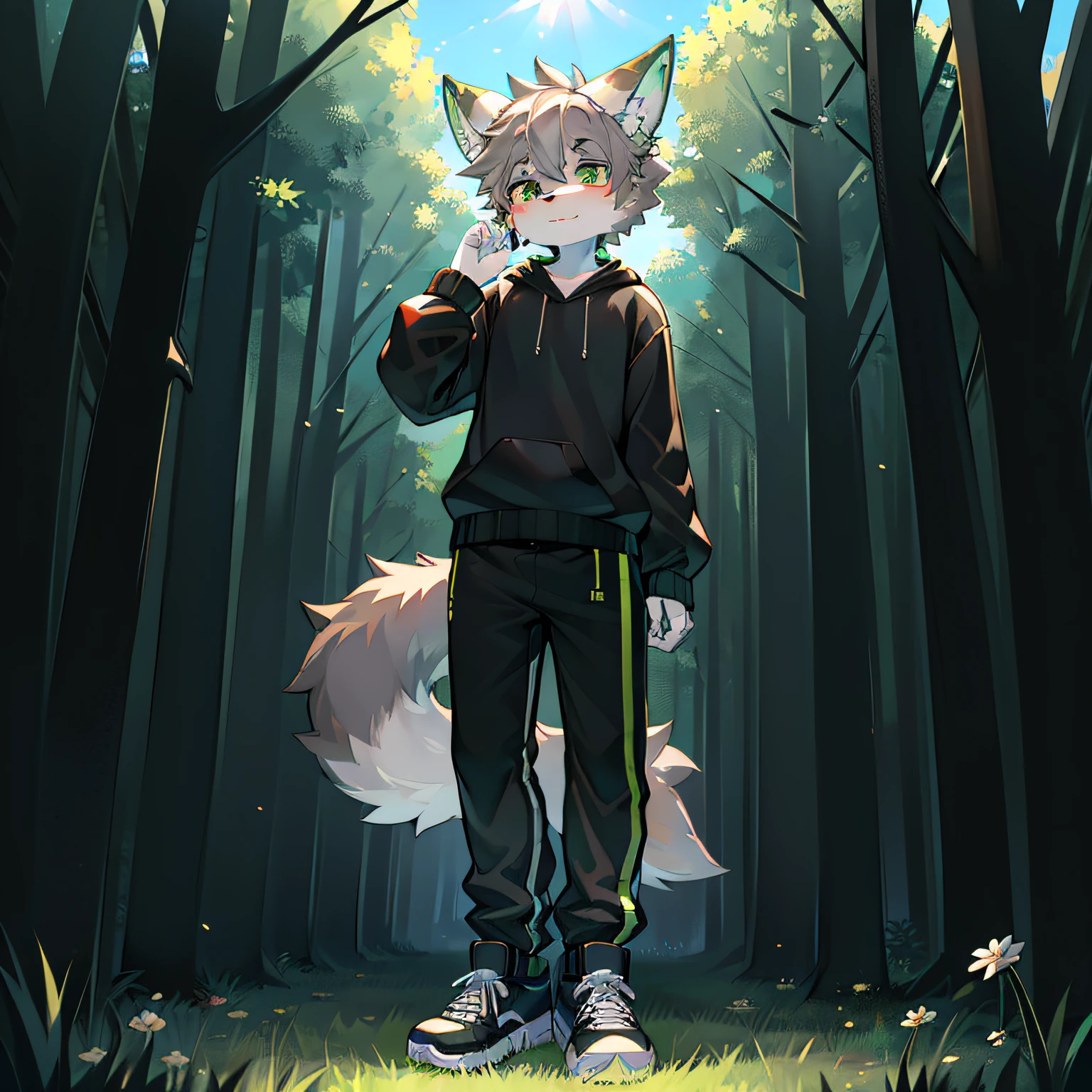 coyote,uploads_On_e621,,Furry_Male,short_Grey_Hair,Solo,,gray wolf,Green_Ear_Top,Black sweatshirt,black long pants,athletic sneakers,standing on your feet,Super cute face ,grassy fields,Clear background,rays of sunshine,Skysky