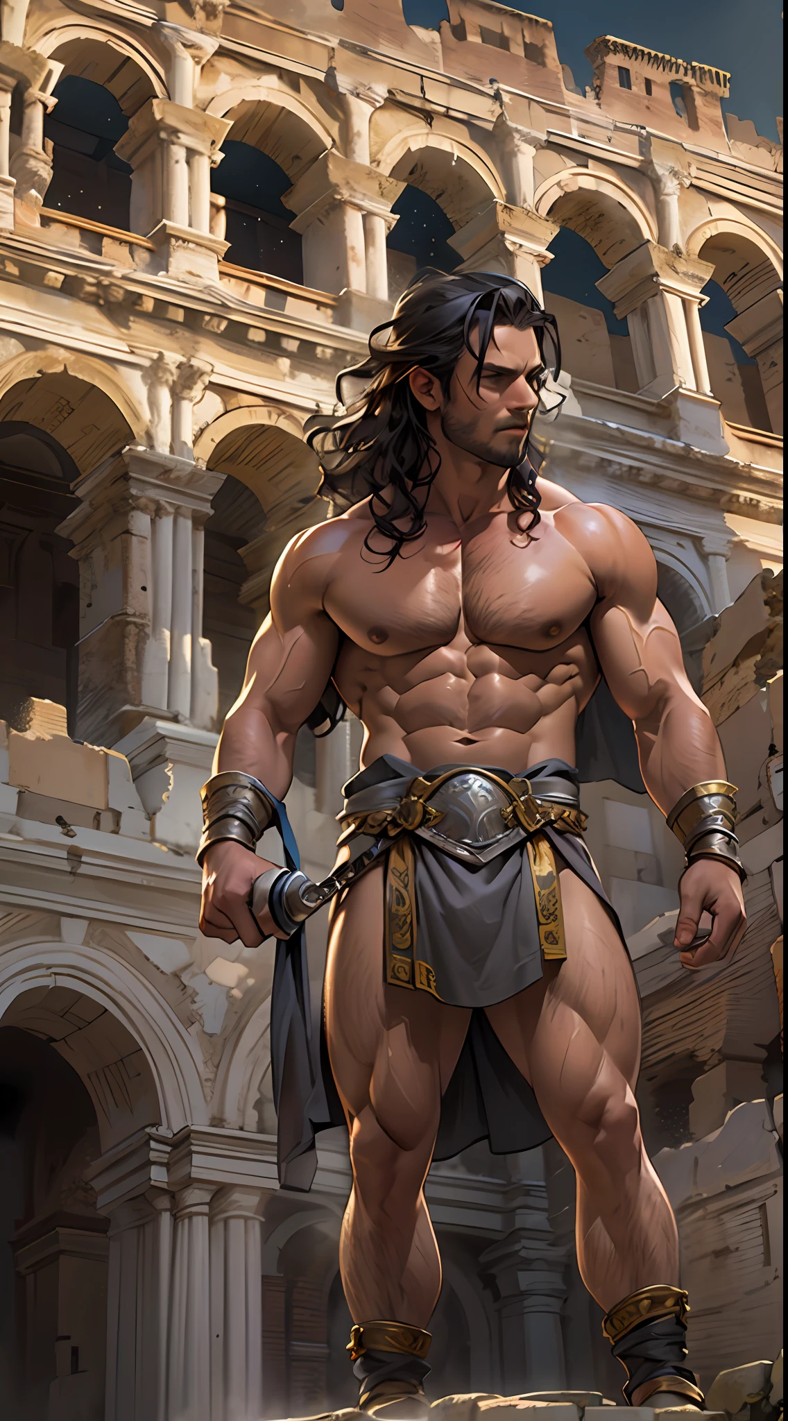 Herculean gladiator, bare chest, lower body revealed from thighs to feet, long curls cascading, meticulous muscle definition, photorealistic portrayal, 4K quality. Background: Colosseum in ancient Rome,32k uhd, best quality, masterpiece, super detail, high details