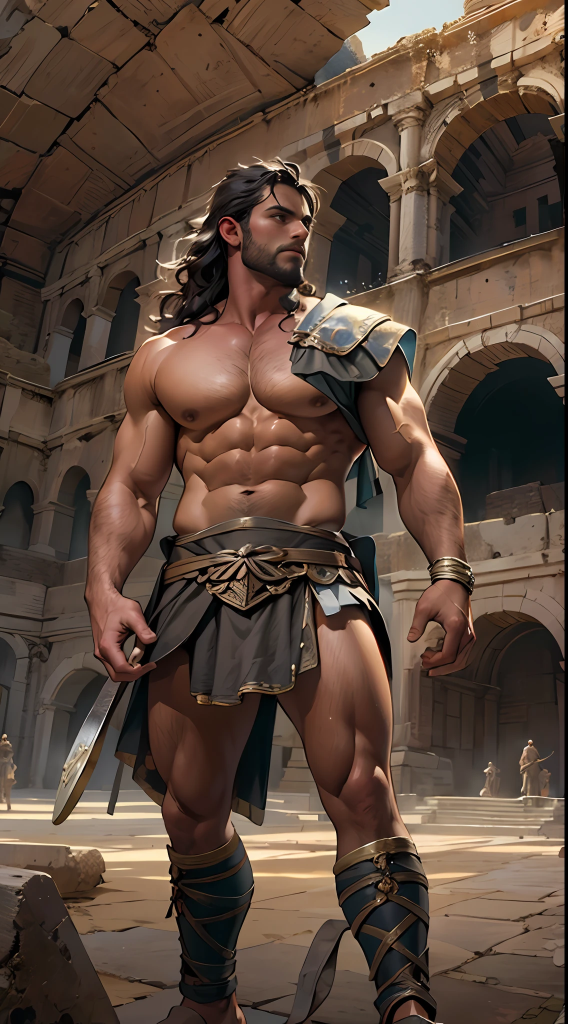 Herculean gladiator, bare chest, lower body revealed from thighs to feet, long curls cascading, meticulous muscle definition, photorealistic portrayal, 4K quality. Background: Colosseum in ancient Rome,32k uhd, best quality, masterpiece, super detail, high details