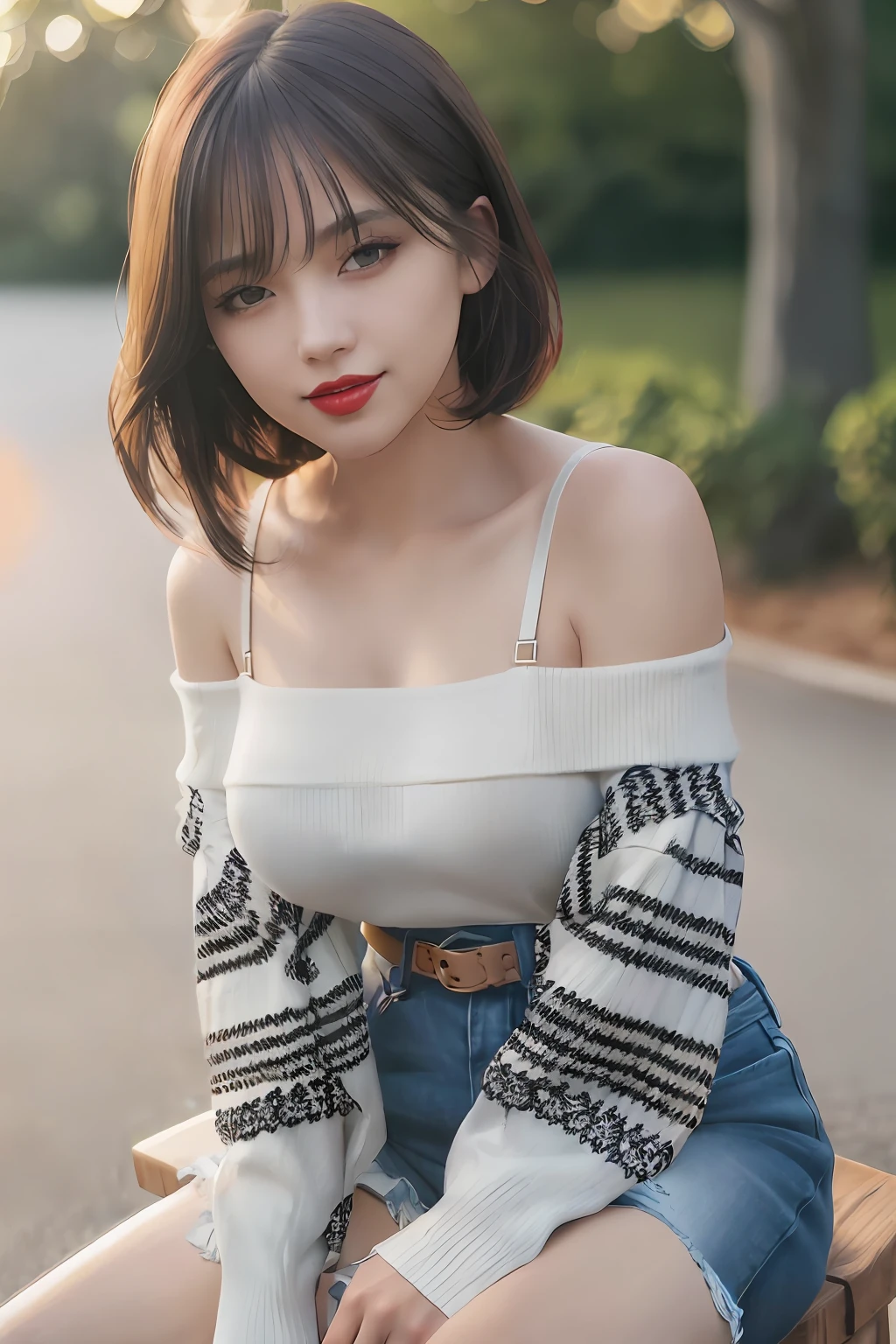 (intricate details:1.3), (best quality:1.2), (masterpiece:1.3), realistic, 8K UHD, High definition, High quality texture, intricate details, detailed texture, finely detailed, high detail, extremely detailed cg, High quality shadow, a realistic representation of the face, beautiful detailed, (high detailed skin, skin details), Detailed beautiful delicate face, face looking to the left, Detailed beautiful delicate eyes, a face of perfect proportion with smile, Film Grain, Depth of field, Cinematic Light, dramatic light, Lens Flare, Ray tracing, perspective, 20s, (photorealistic:1.2),
1girl, bare_shoulders, belt, black_footwear, blurry, blurry_background, bra_strap, breasts, building, coffee, collarbone, cup, day, disposable cup, full body, lips, lipstick, long sleeves, looking at viewer, makeup, off-shoulder shirt, off-shoulder sweater, off shoulder, outdoors, pantyhose, red lips, shirt, short hair, shorts, sitting, smile, solo, stool, striped, striped shirt