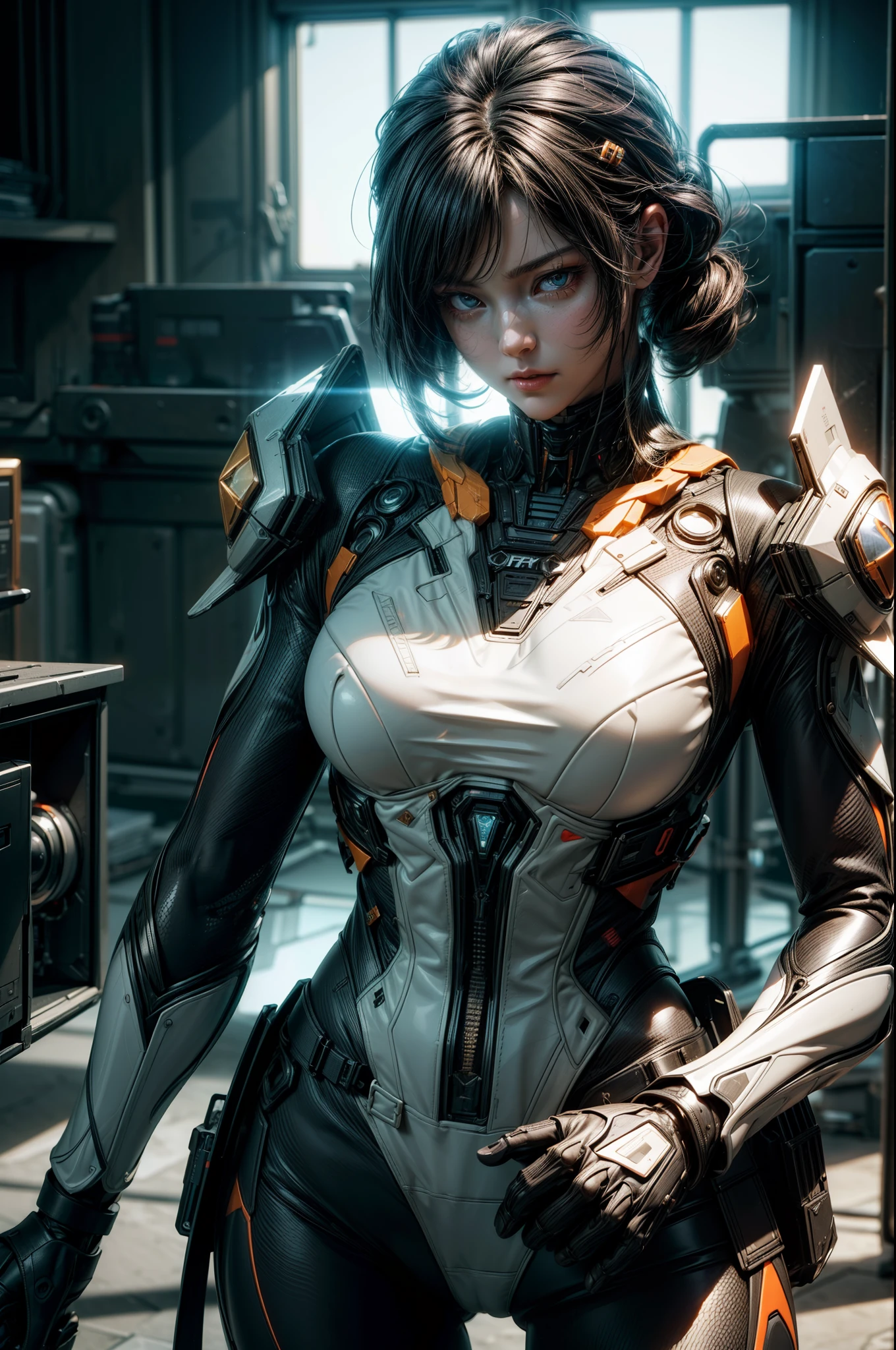 ((top-quality)), ((masterpiece)), (detaileds:1.4), (Anatomically correct), 3D, A space station, Computer Lab, Beautiful Cyberpunk Woman Image,nffsw(HighDynamicRange),Ray traching,Hyper-Resolution,Unreal 5,Sub-surface scattering,PBR Texturing,Postprocess,Anisotropy Filtering,depth of fields,Maximum clarity and sharpness,multi-layer texture,Albedo and specular maps,Surface Shading,Accurate simulation of light-material interactions,perfectly proportions,Octane Rendering,Two-tone lighting,Wide aperture,Low ISO、White Balance、thirds rule、8K Raw、