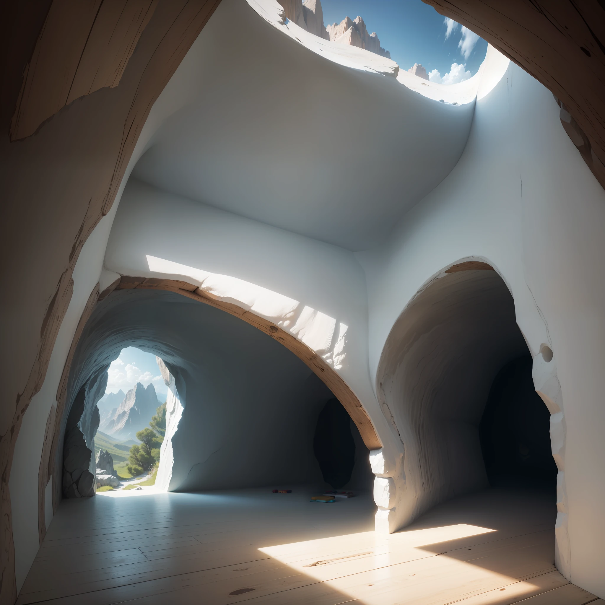 Children's house in a cave, The white, Interior design, hole in the mountains, Beds, child, Ultra-real, Minimalist, modern, high detail, high detail, god rays