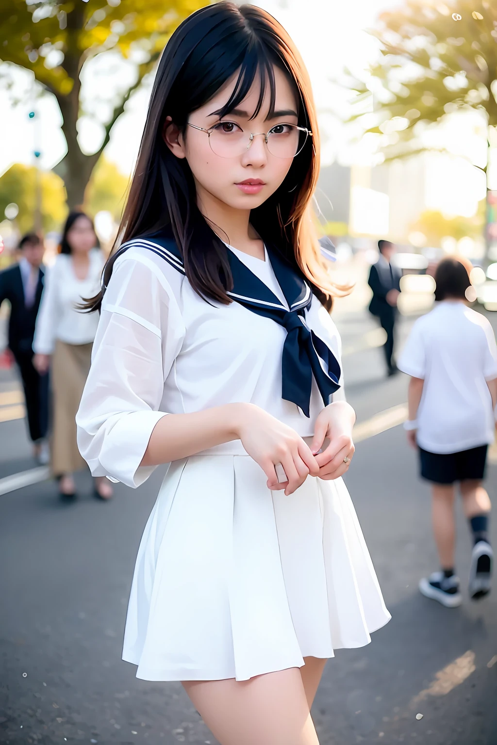 (Extremely detailed Cg Unity 8K wallpaper), (Masterpiece), (Best quality), (Ultra-detailed), (Best Illustration), (Best shadow), (Photorealistic:1.6), Real human skin, Lens flare, Shade, back lit lighting, full bloom, Depth of field, Natural lighting, hardfocus, filmgrain, Look at the viewer, Asian, Kpop idol:1.2, mix4, 1 girl, 21 I, Solo, Skinny, Pale skin, Soft lips, (light eyebrows:1.4),Shiny brown eyes, Black straight hair, Small breasts, Beautiful detailed sky, street(crowd:1.2), Night, (nose blush), Beautiful detailed eyes, White Japanese school uniform, Sailor suit, Black pleated skirt, Stockings, Sneakers, cheerfulness, Smile,wears glasses