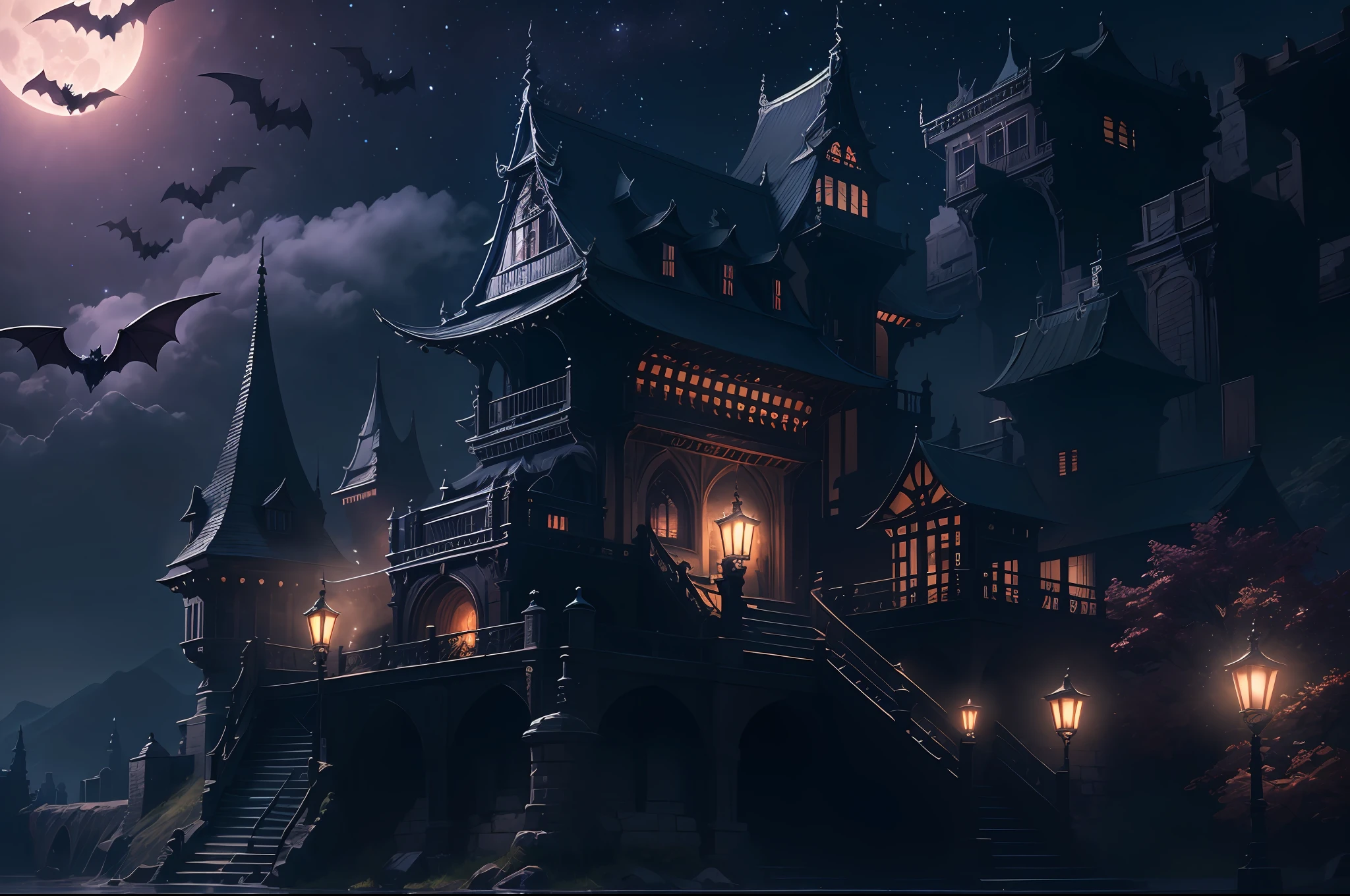 Moonlit Night Fantasy Fortress,Mysterious and dark,the bats,streamer,bblurry,Clear and detailed image quality,Engaging shots,Soft lighting,Great details,Transparent starry sky,Unique architecture,Blinking lights,Active character actions。