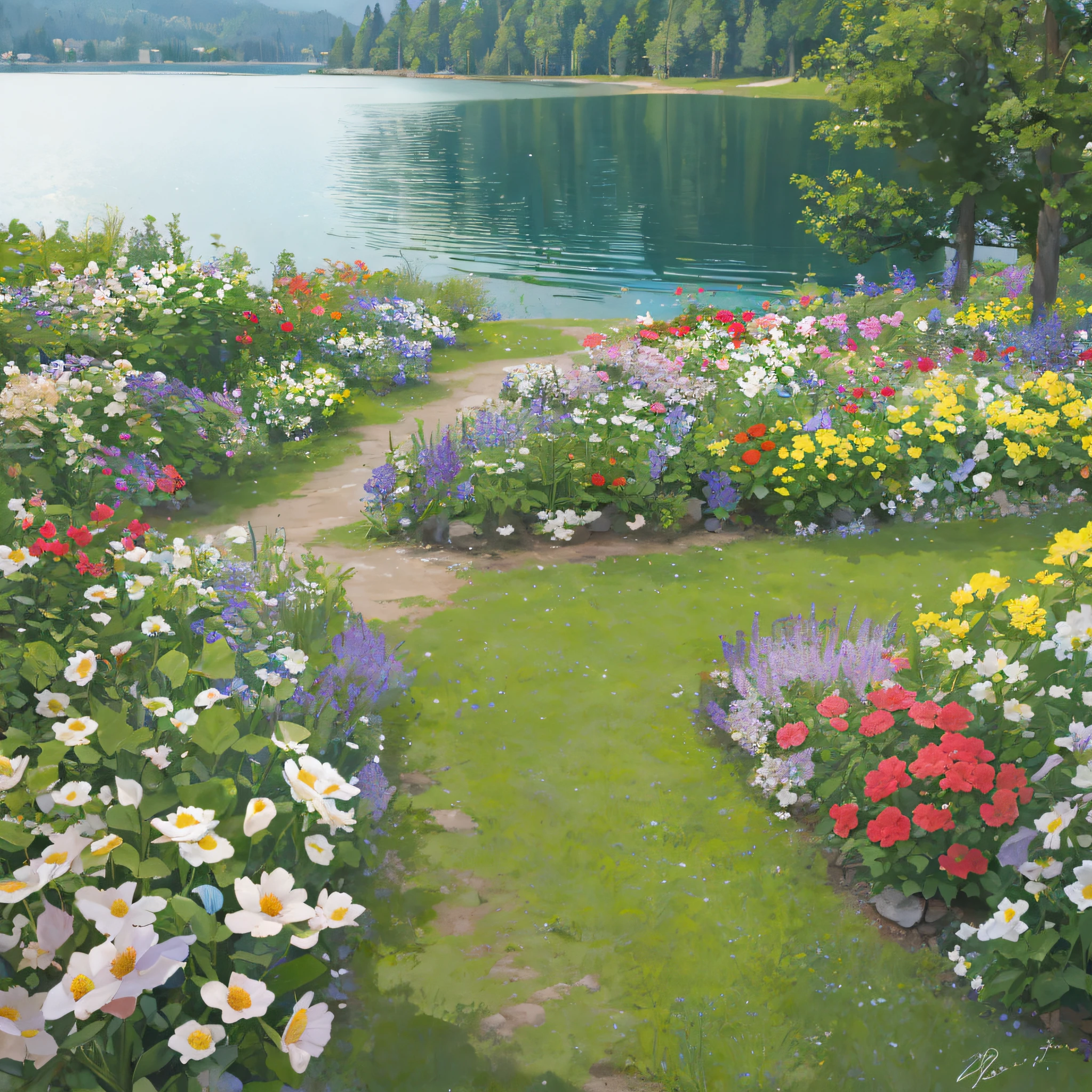 flowers,garden,lake