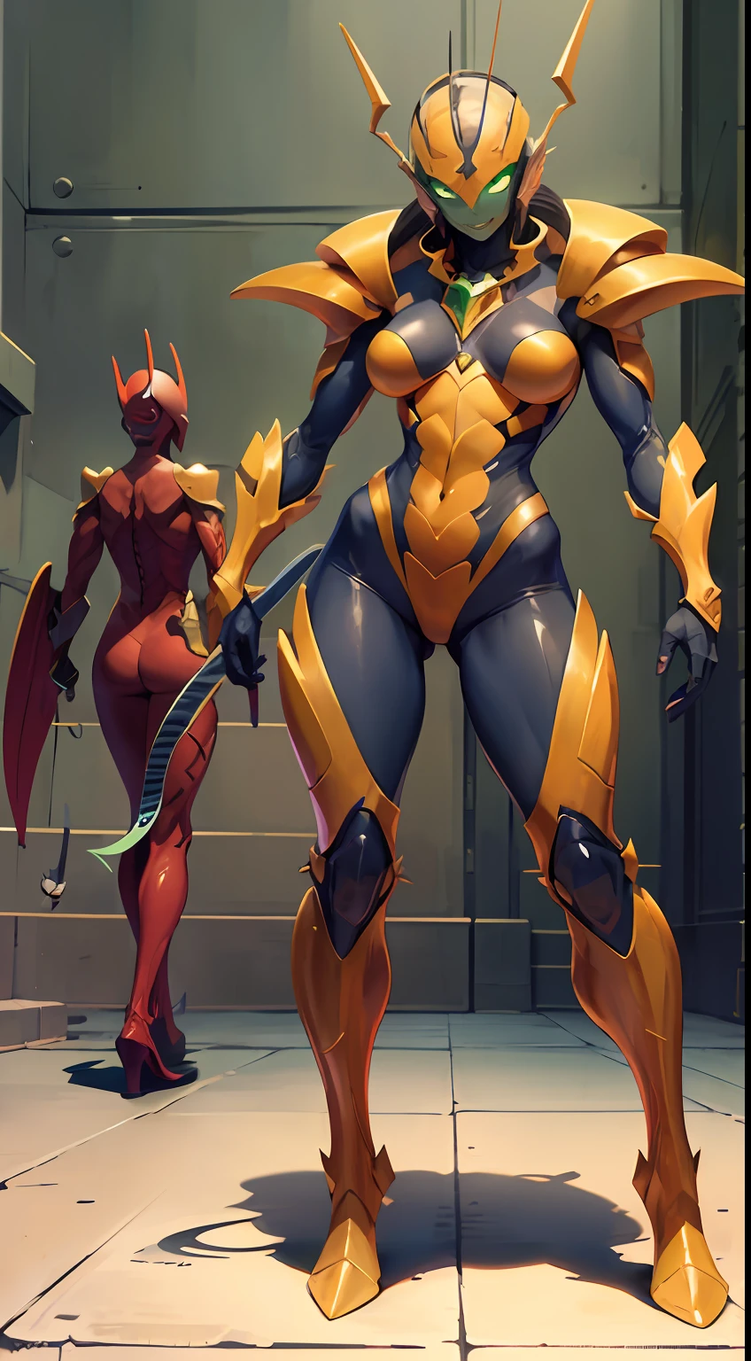 Female with red and green hot insect shell、Guyver Style、evil smile、(masterpiece, :1.3),(top-quality:1.4)、tail、Cel Shade Adult Animation、Alien Queen、Full Body Art