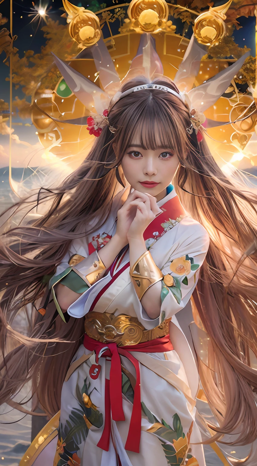 masterpiece、top-quality、Unity 8k Wallpapers、hyperdetailed face、Photograph Taken on Nikon D750,Beautifully Aesthetic、Beautuful Women、Realistic Woman、 Amaterasu Priestess、Solar Disk、Solar Flare Spell、Blessing of the Sun Goddess,Perfect fingertip