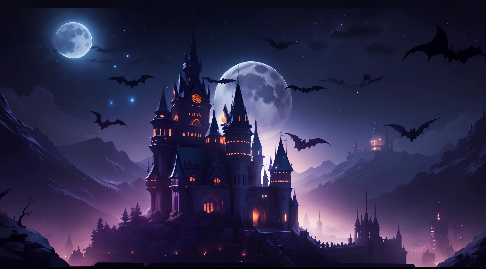 Moonlit Night Fantasy Fortress,Mysterious and dark,the bats,streamer,bblurry,Clear and detailed image quality,Engaging shots,Soft lighting,Great details,Transparent starry sky,Unique architecture,Blinking lights,Active character actions。 tmasterpiece,high qulity,A high resolution,hyper-detailing,