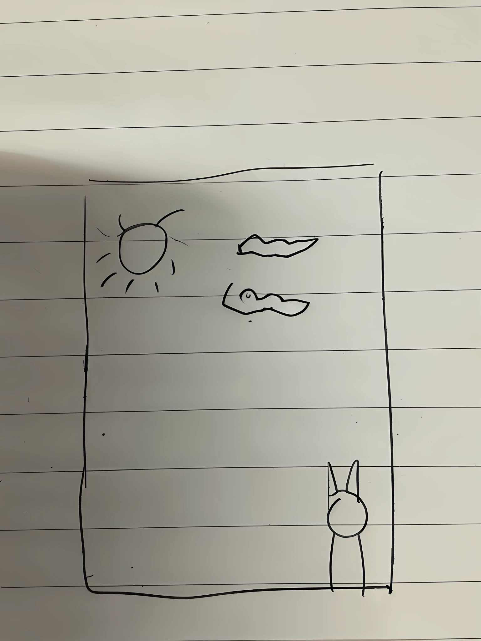 Drawing of the back of a cat on a piece of paper, Simple drawing, badly drawn, sketch of a lucid dream, minimalistic drawing, one panel comic, on a notebook page, very accurate photo, There is 1 sun in the sky, a drawing, a child's drawing, The background is sunset red