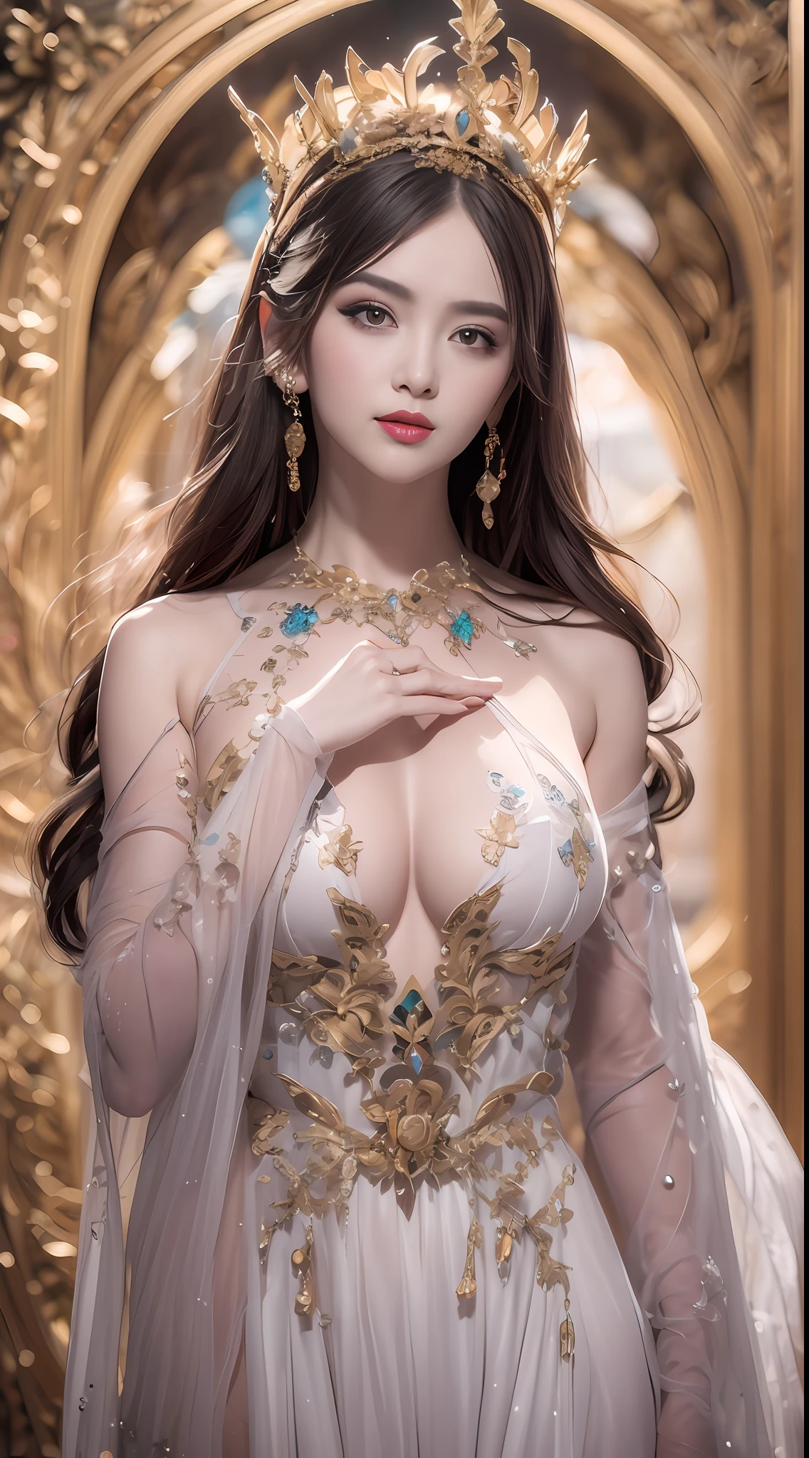 1 beautiful 27-year-old holy woman, naked on the chest, nude, beautiful face without blemishes, ((Natural smile:1.0)), ((flat bangs:1.2)), (((long hair): platinum:0.8))), big crown, hair brooch, hanfu dress, fanciful hanfu style, full body jewelry, forehead tattoo, super even breasts, woman's face, pretty and pretty face beautiful, ((even porcelain: 0.8)), the most beautiful and detailed light red lipstick, super flat huge breasts, ((thin plump lips: 0.3)), ((Yellow eye color) : 1,2), Detailed and delicate lighting effects, light and dark, light impression, magical light, detailed light, true color, super sharp, true, 8k quality, fantasy universe background, saintess and fanciful space, the most detailed image, ((Solo:0.3)), ((a saintess:0.6)) , ((looking straight at the saint's upper body: 0.4)), upper body, ((smooth skin:0.5)), ((holy veil:1.2)), ((solo:1.3)), ((alone girl :1.3)) , saint portrait, short photo, Body portrait, ((((open mouth:0.6))), Digital Realistic, (((fanciful red smoke effect:1.2)),