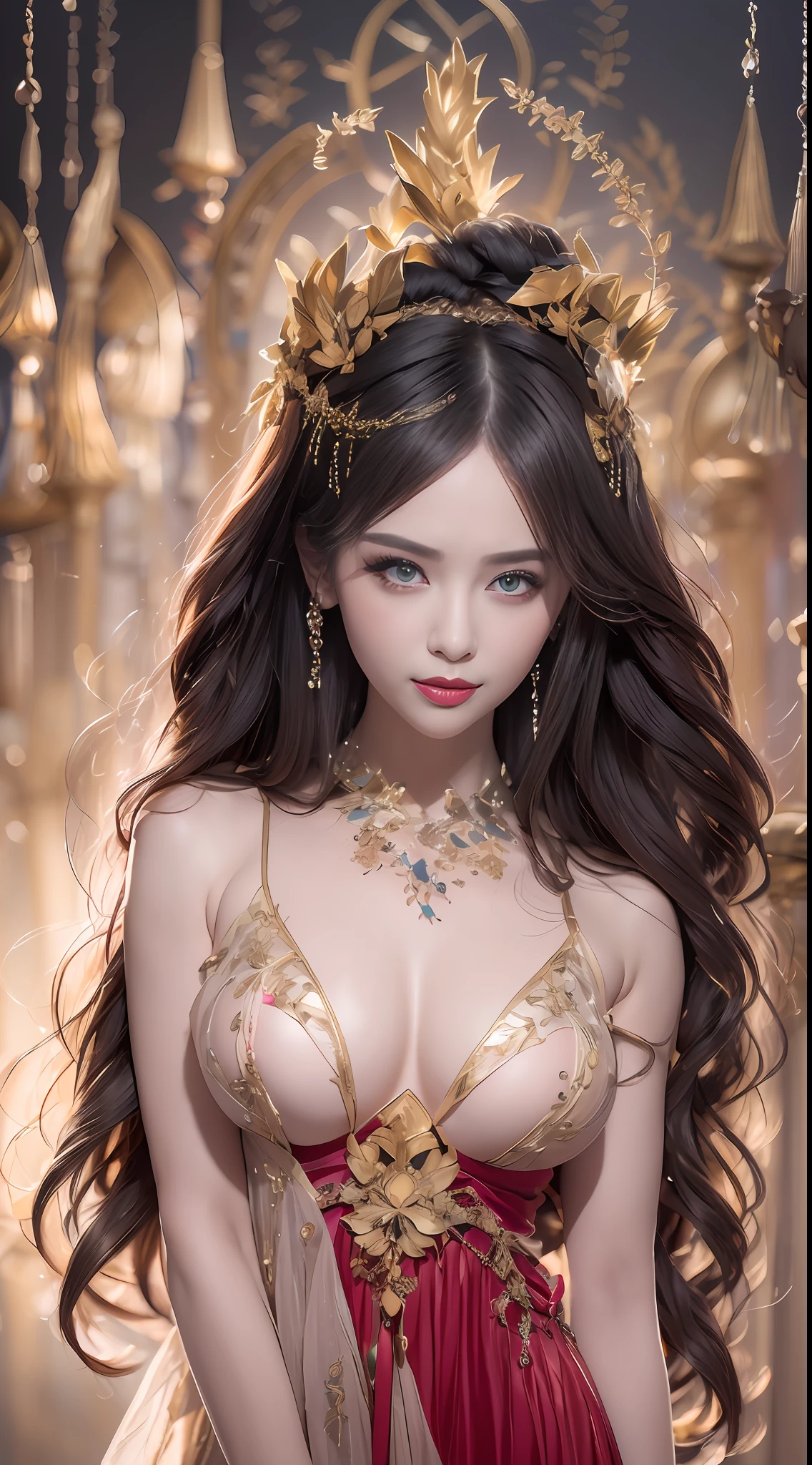 1 beautiful 27-year-old holy woman, naked on the chest, nude, beautiful face without blemishes, ((Natural smile:1.0)), ((flat bangs:1.2)), (((long hair): platinum:0.8))), big crown, hair brooch, hanfu dress, fanciful hanfu style, full body jewelry, forehead tattoo, super even breasts, woman's face, pretty and pretty face beautiful, ((even porcelain: 0.8)), the most beautiful and detailed light red lipstick, super flat huge breasts, ((thin plump lips: 0.3)), ((Yellow eye color) : 1,2), Detailed and delicate lighting effects, light and dark, light impression, magical light, detailed light, true color, super sharp, true, 8k quality, fantasy universe background, saintess and fanciful space, the most detailed image, ((Solo:0.3)), ((a saintess:0.6)) , ((looking straight at the saint's upper body: 0.4)), upper body, ((smooth skin:0.5)), ((holy veil:1.2)), ((solo:1.3)), ((alone girl :1.3)) , saint portrait, short photo, Body portrait, ((((open mouth:0.6))), Digital Realistic, (((fanciful red smoke effect:1.2)),