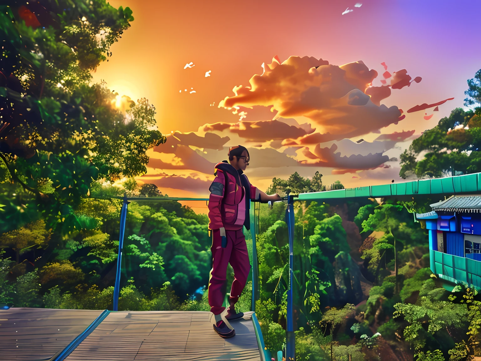 Alati stands on a glass walkway overlooking the forest, connected with hanging bridge!!, in front of a forest background, in front of an amazing forest, standing on a bridge, taken with sony alpha 9, On a sunny day, Middle Metaverse, photograph taken in 2 0 2 0, Chiba Yuda