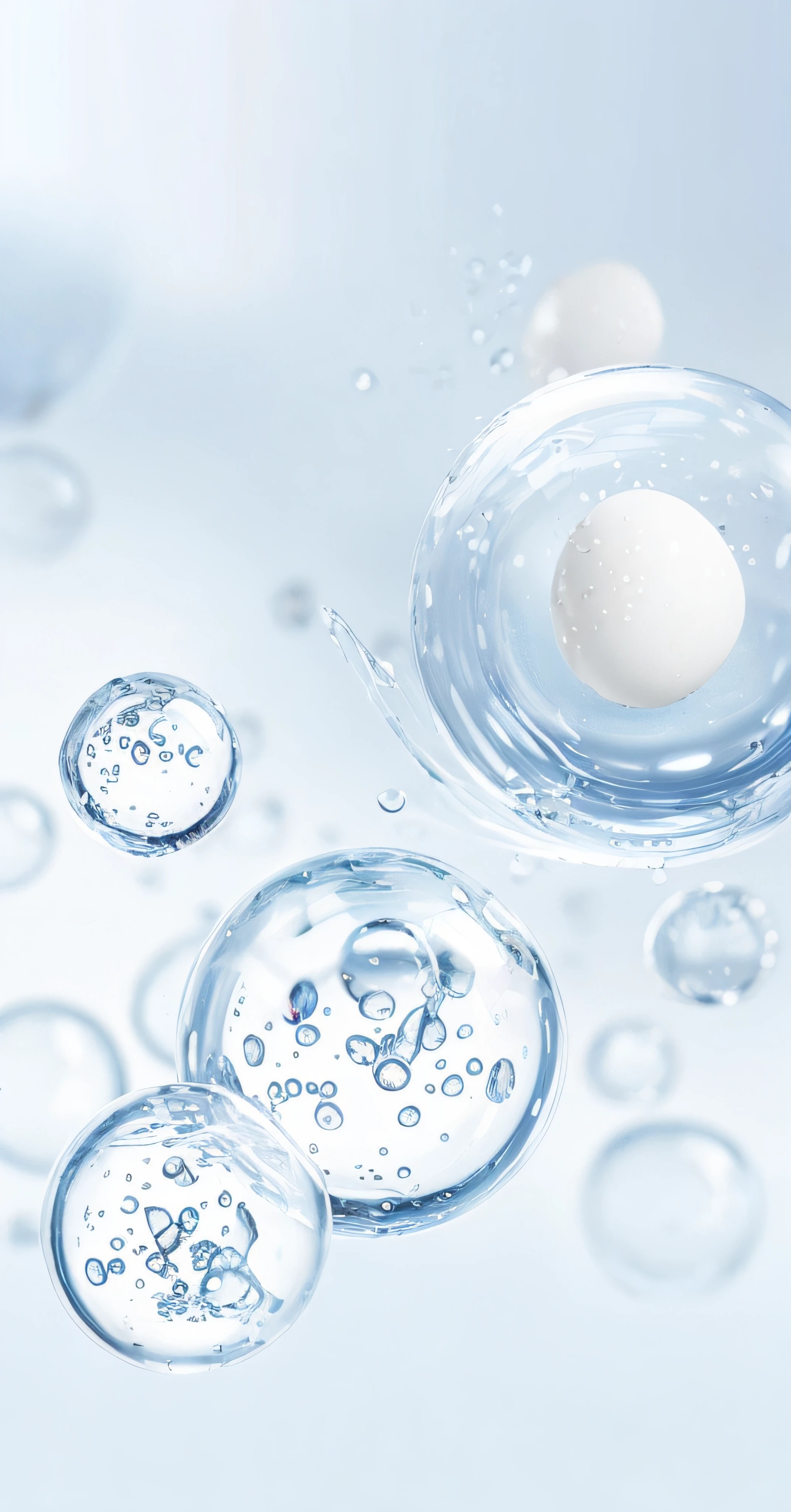 Bubbles floating in the glass bowl，There is a white egg inside, bubbling skin, water bubbles, water particulate, water particle in front, water bubbles, water particulate, transparent droplets, floating molecules, liquid simulation background, sterile background, water dripping, drops of clean water, high quality topical render, 3 d fluid simulation render, cryogenic pods