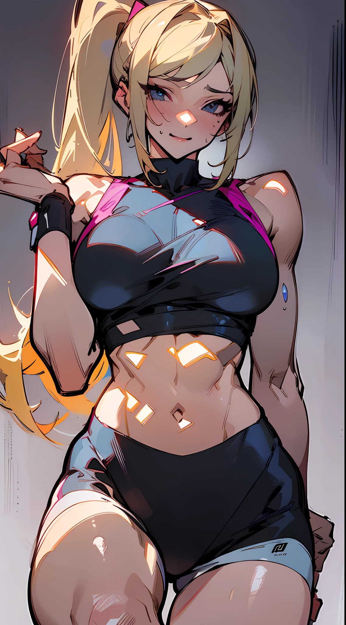 (High resolution), (in 8K), (Extreme Detail), (Best Illustration), (beautiful detail), (Best Quality), (masuter piece), ( Detailed face), (Sportsbra、Sports pants)full body Esbian、Training、zero suit samus,a blond、poneyTail、 Realistic fantasy rendering, Realistic anime girl rendering, Full body portrait, (Big Breast: 1.4) popular in CGSTATION、sports gym、Sweating、Rough breath、Vicious look、Vulgar smile、hot air、a sultry、Looking at the camera