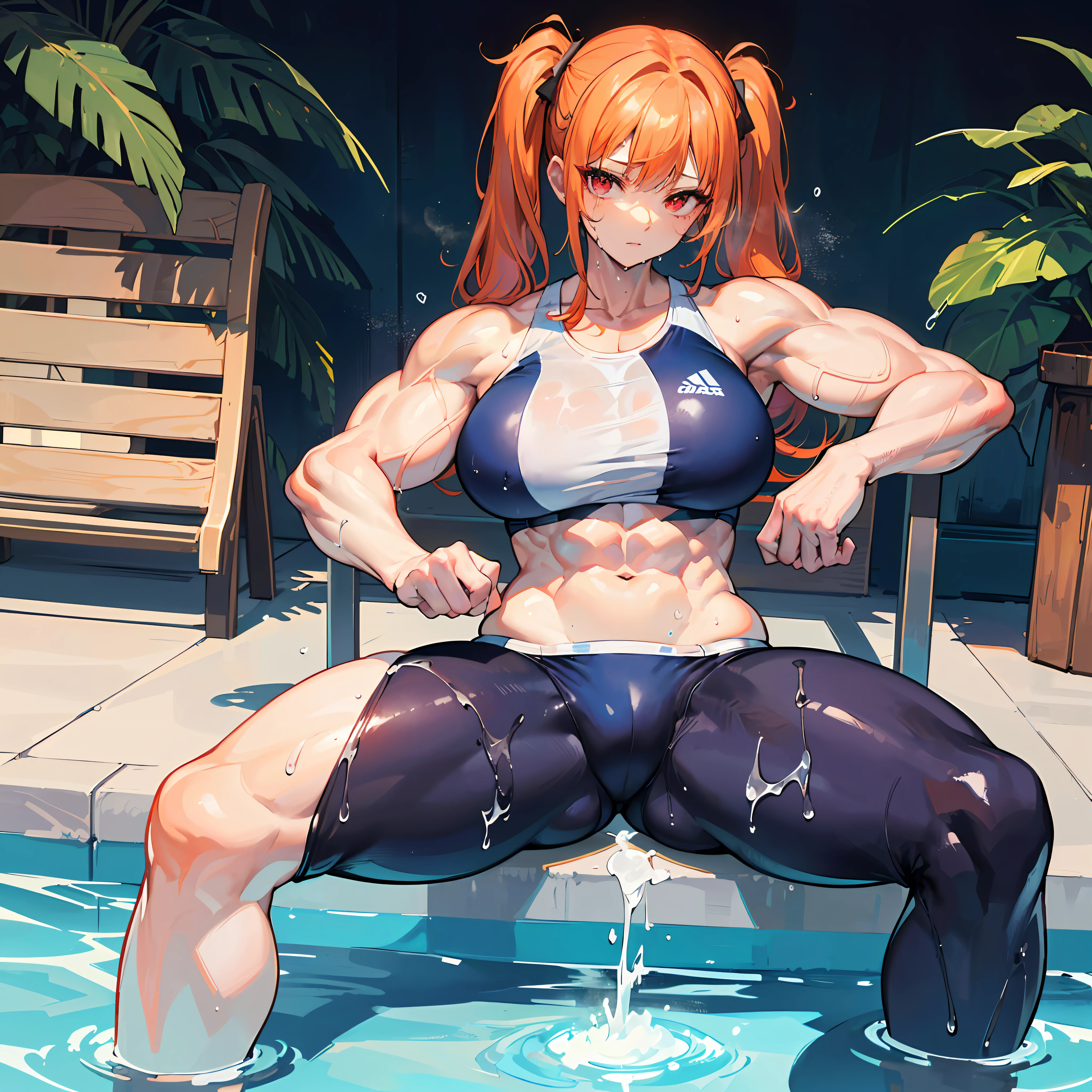 ((​masterpiece))、((Top image quality))、((top-quality))、(((Illustration of one woman)))、(((Muscle Girl)))、full body Esbian、((30-years old))、((neuter))、((twin tails with orange hair))、Red Eyes、((Long body))、(((perspiring)))、((Steam wafting all over the body))、((Body wet with sweat))、(((Muscular and strong body)))、((Split abs))、(((muscular and thick arms)))、(((muscular and thick thighs)))、((manspreading))、((Sports Swimwear))、Sitting on a deck chair、in poolside