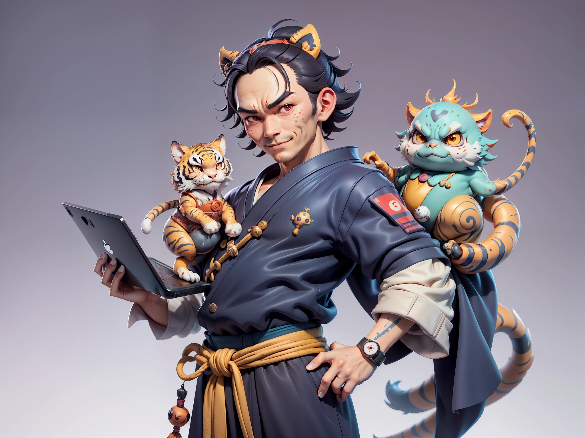 (Daisaku),(Need),(Super meticulous),(full bodyesbian:1.2),Japanese ukiyo-e girl,japanese geisha,Beautiful,Oriental dragon,one tiger,Aeolian Thor,Raised sexy,爆乳,Oriental face,TV Anchor,Bust portrait illustration,Alone,In black suit,a blue tie,The face is slightly chubby,The face was clean,without a beard,Black super short hair,Black eyes,Smile confidently,3C computer sub-products,iPad, iphone,Digital painting,3D character design by Mark Clairen and Pixar and Hayao Miyazaki and Akira Toriyama,The illustration is a high-definition illustration in 4K resolution,With very detailed facial features and cartoon-style visuals。