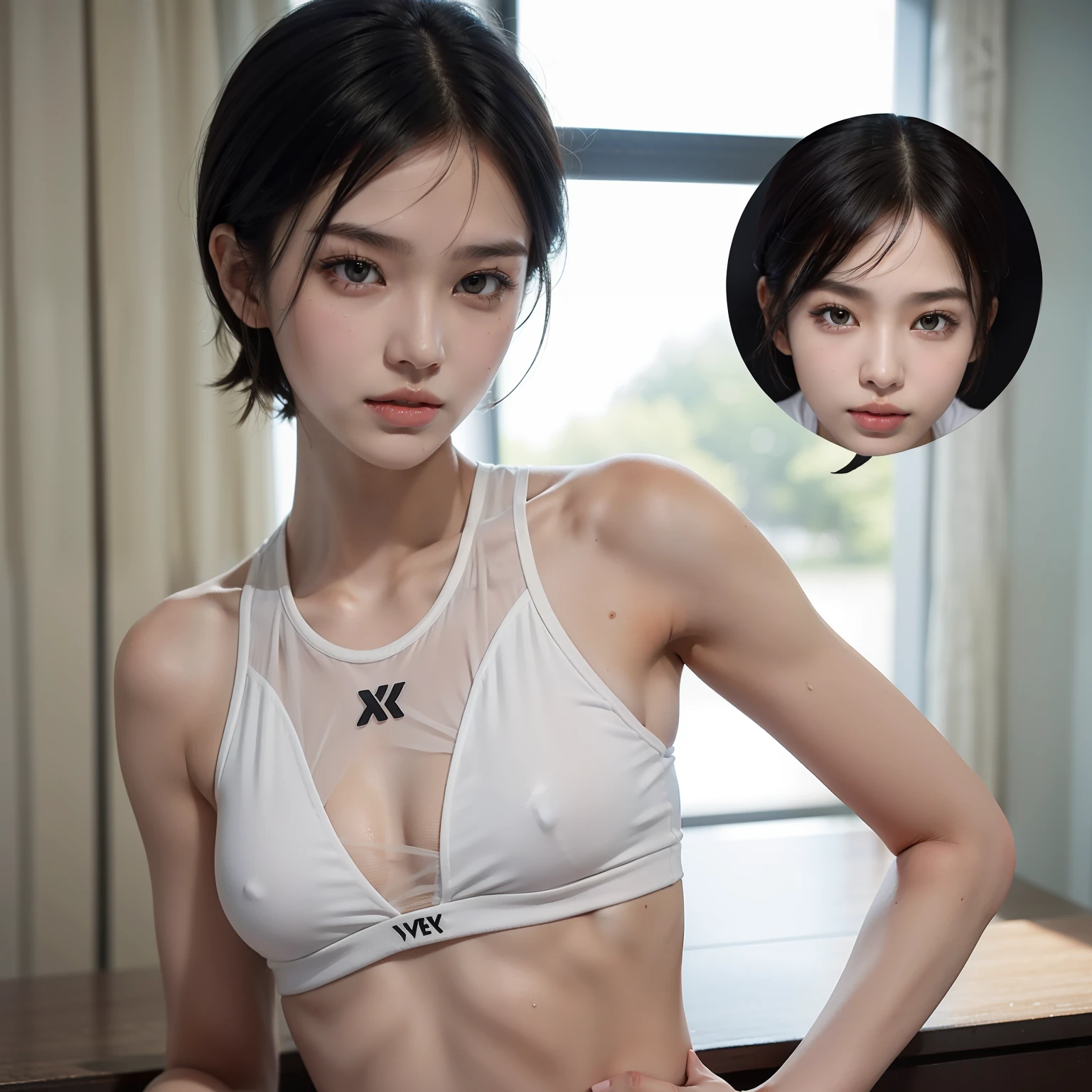 Ultra-clear image quality,best qualtiy,1080p,Highlight the dynamics of volleyball players,Sweat a lot,Provocative eyes,Delicate short hair,Delicate facial features,Seductive expressions,confident smile,slender figures,Textured skin,There are abs,Straight posture,sport outfit,Volleyball scene,The lateral milk is slightly exposed,Ruddy complexion,long eyelasher,close-up all over the body,outside,solo person,Manteau blanc,Love pupils,Zhu lips。