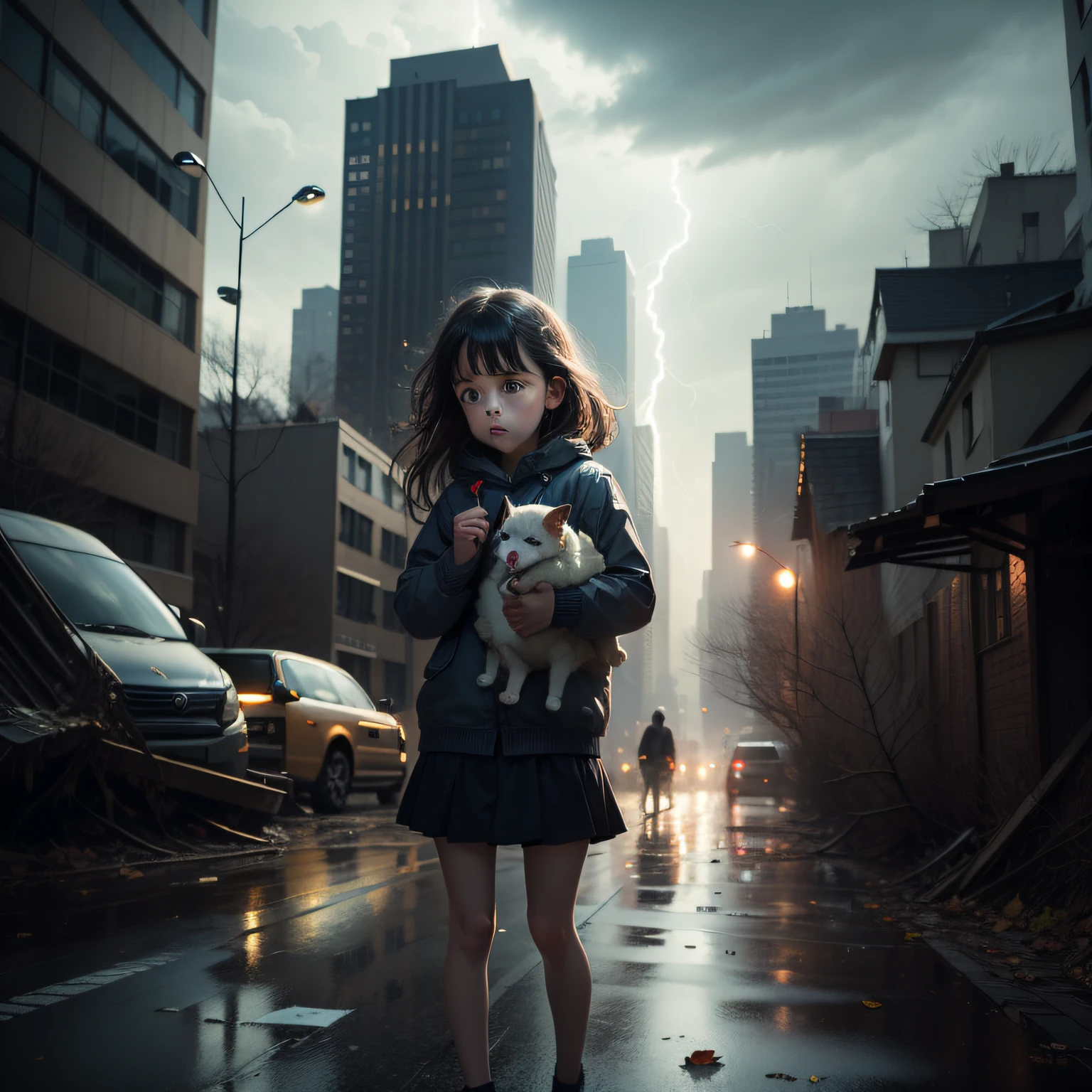 Typhoon: Powerful storm, dark clouds, strong winds, rain, lightning.
Shattered glass: Broken windows, shattered buildings, debris.
Snapped trees: Uprooted trees, fallen branches, leaves blowing in the wind.
Dark cityscape: Dimly lit city, darkened streets, flickering streetlights.
: Innocent child, frightened expression, holding onto a toy or a pet.
Illustration style: Cartoonish, painterly, atmospheric, emotive.