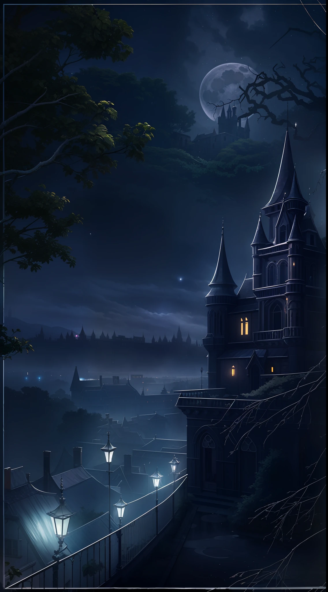 Moonlit Night Dark Castle，Mysterious darkness，A werewolf looming in the shadows，uncanny，shadowy，soggy，vine，run-down，Clear and detailed image quality，Fascinating shots，Soft lighting，detail-rich，Transparent starry sky，Unique architecture，Blinking lights，Active character actions。