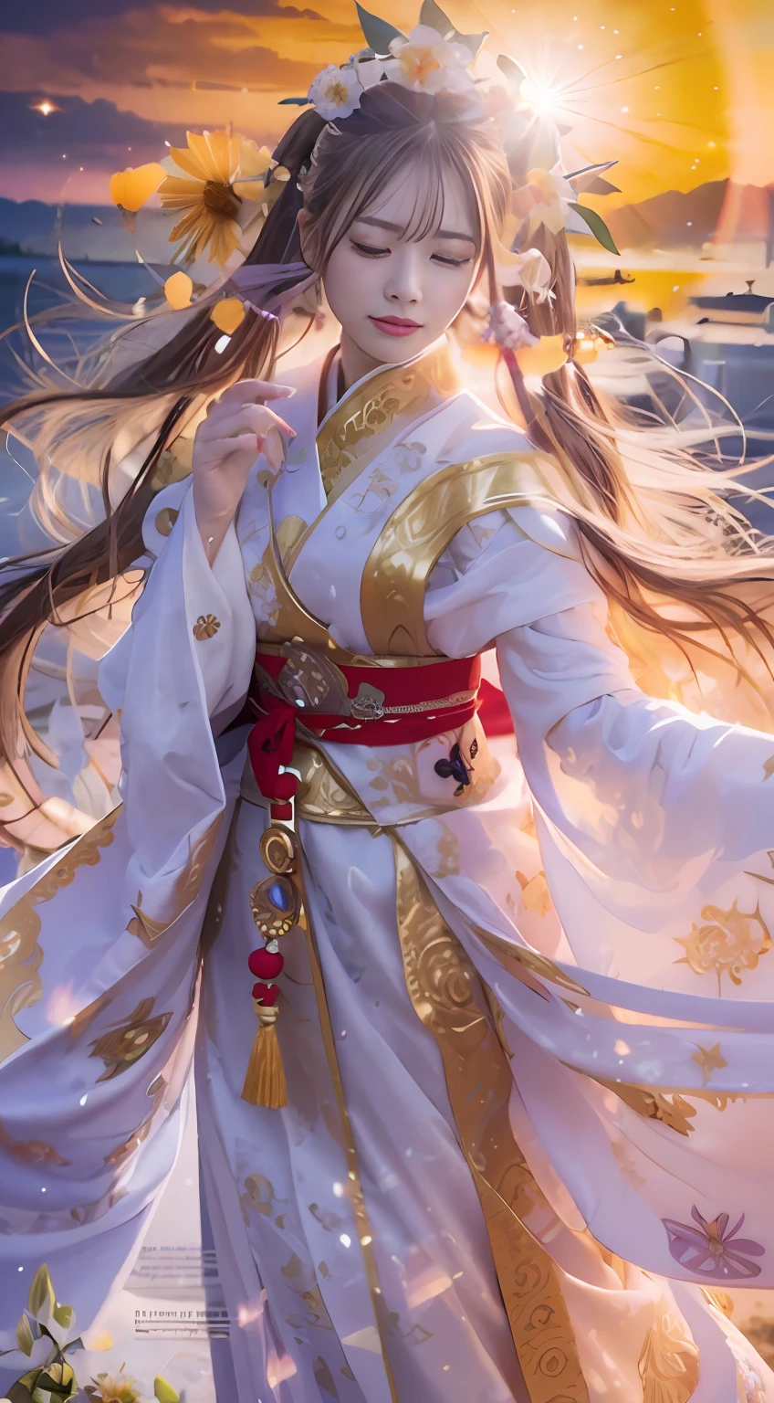 ​masterpiece、top-quality、Unity 8k Wallpapers、hyperdetailed face、Photograph Taken on Nikon D750,Beautifully Aesthetic、Beautiful fece、Realistic Woman、 Amaterasu Priestess、Solar Disk、Solar Flare Spell、Blessing of the Sun Goddess,perfect hand、Beautiful fingertips