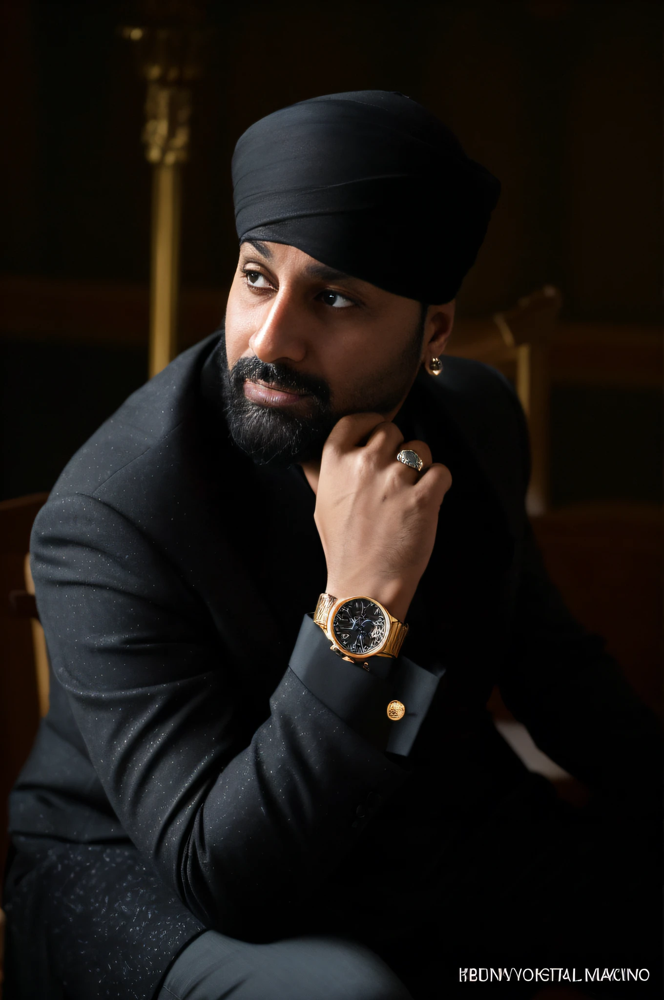 arafed man in a turban and watch sitting in a chair, inspired by Manjit Bawa, by Manjit Bawa, closeup portrait shot, mid shot portrait, portrait shot, detailed portrait shot, shot on sony a 7, mogul khan, inspired by Sardar Sobha Singh, epic and classy portrait, wearing a watch, holding gold watch, close up portrait shot