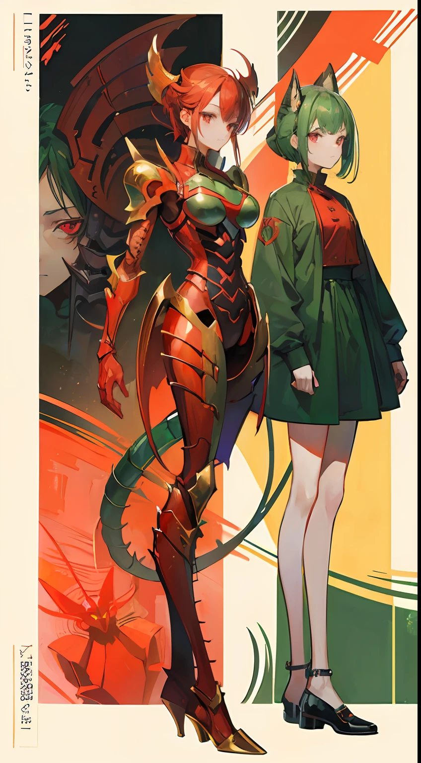 Female with red and green hot insect shell、Guyver Style、evil smile、(​masterpiece, :1.3),(top-quality:1.4)、tail、Cel Shade Adult Animation、Alien Queen、Full Body Art