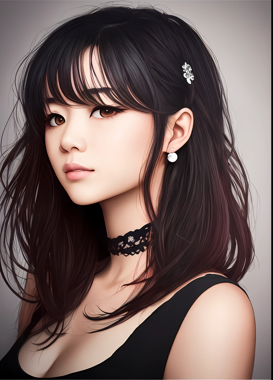 a woman of agnes cecile、Bright design、PastelColors、Ink dripping、autumn lights  、Bangs、quill、Beautuful Women、Eyebrows are visible、Beautuful Women、Beautie、long lashes、fine portrayal、Precise depiction。Line drawing。A Japanese Lady。Short black hair。The tattoo。piercings。bangle。Fluorescent pink hair stopper。Plain background。White background