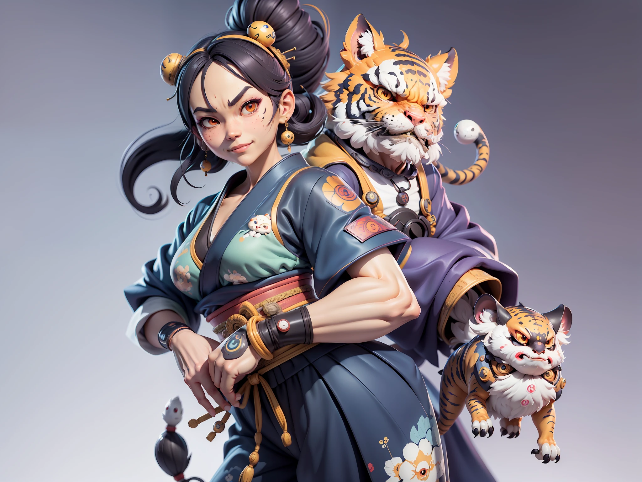 (Daisaku),(Need),(Super meticulous),(full bodyesbian:1.2),Japanese ukiyo-e girl,japanese geisha,Beautiful,Oriental dragon,one tiger,Aeolian Thor,Raised sexy,爆乳,Oriental face,TV Anchor,Bust portrait illustration,Alone,In black suit,a blue tie,The face is slightly chubby,The face was clean,without a beard,Black super short hair,Black eyes,Smile confidently,3C computer sub-products,iPad, iphone,Digital painting,3D character design by Mark Clairen and Pixar and Hayao Miyazaki and Akira Toriyama,The illustration is a high-definition illustration in 4K resolution,With very detailed facial features and cartoon-style visuals。